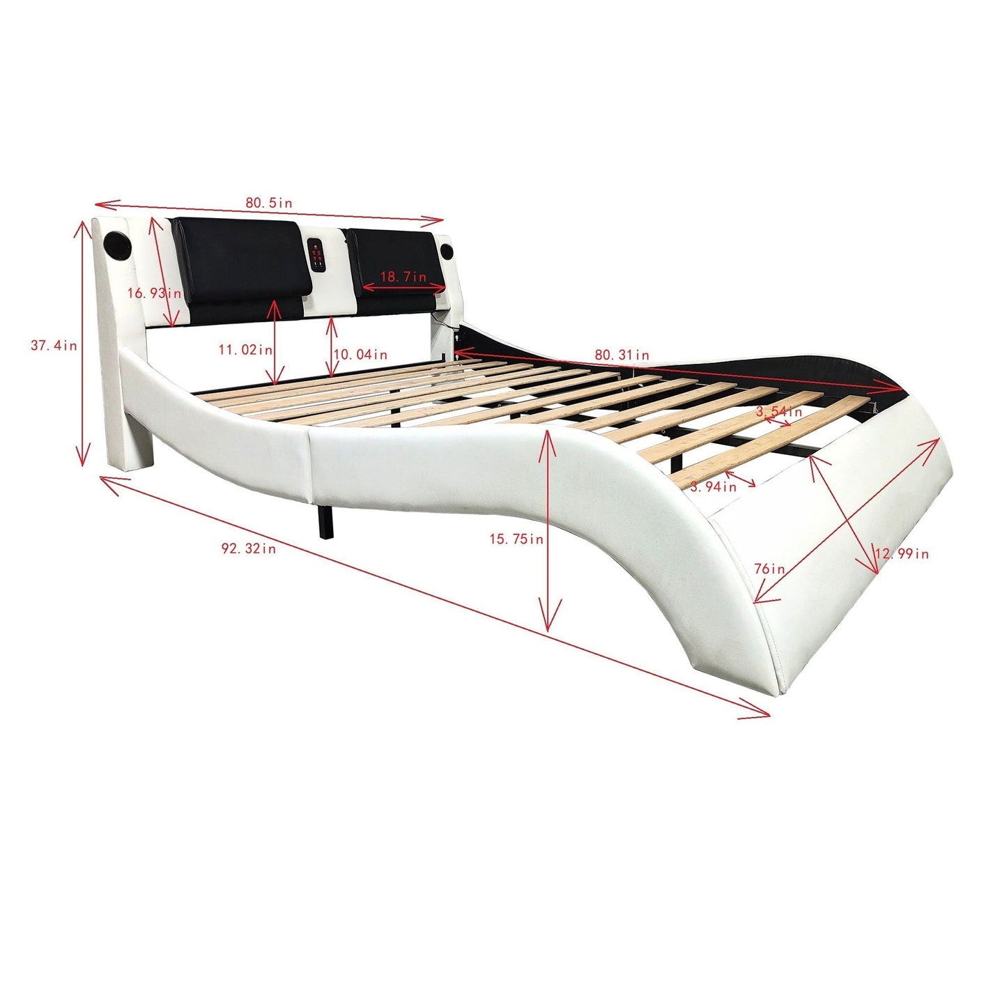 Upholstered Platform Bed Frame With LED Lighting, Bluetooth Connection To Play Music Control, Backrest Vibration Massage, Curve Design, Wood Slat Support, Exhibited Speakers Home Essentials