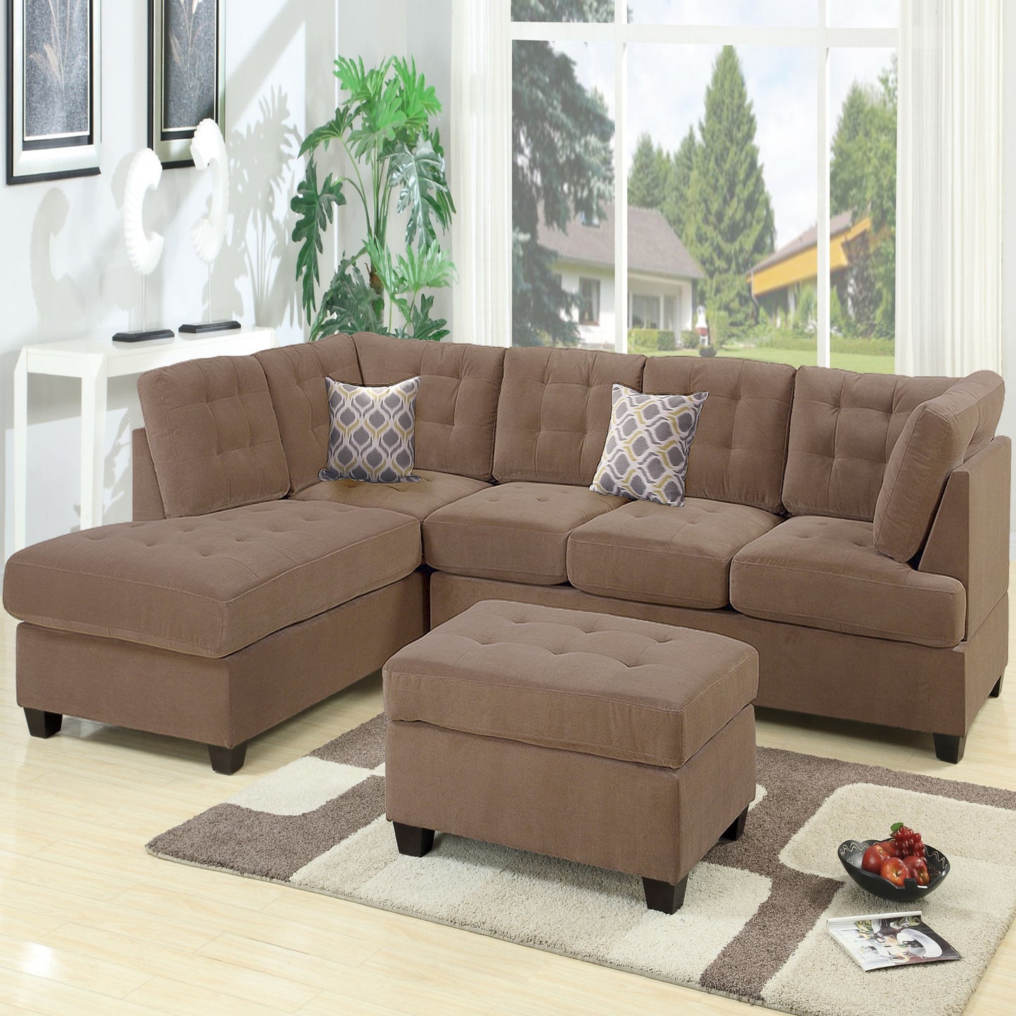 Truffle Waffle Suede Sectional Sofa With Tufted Cushions And Accent Pillows, Reversible Chaise - Neutral Home Essentials