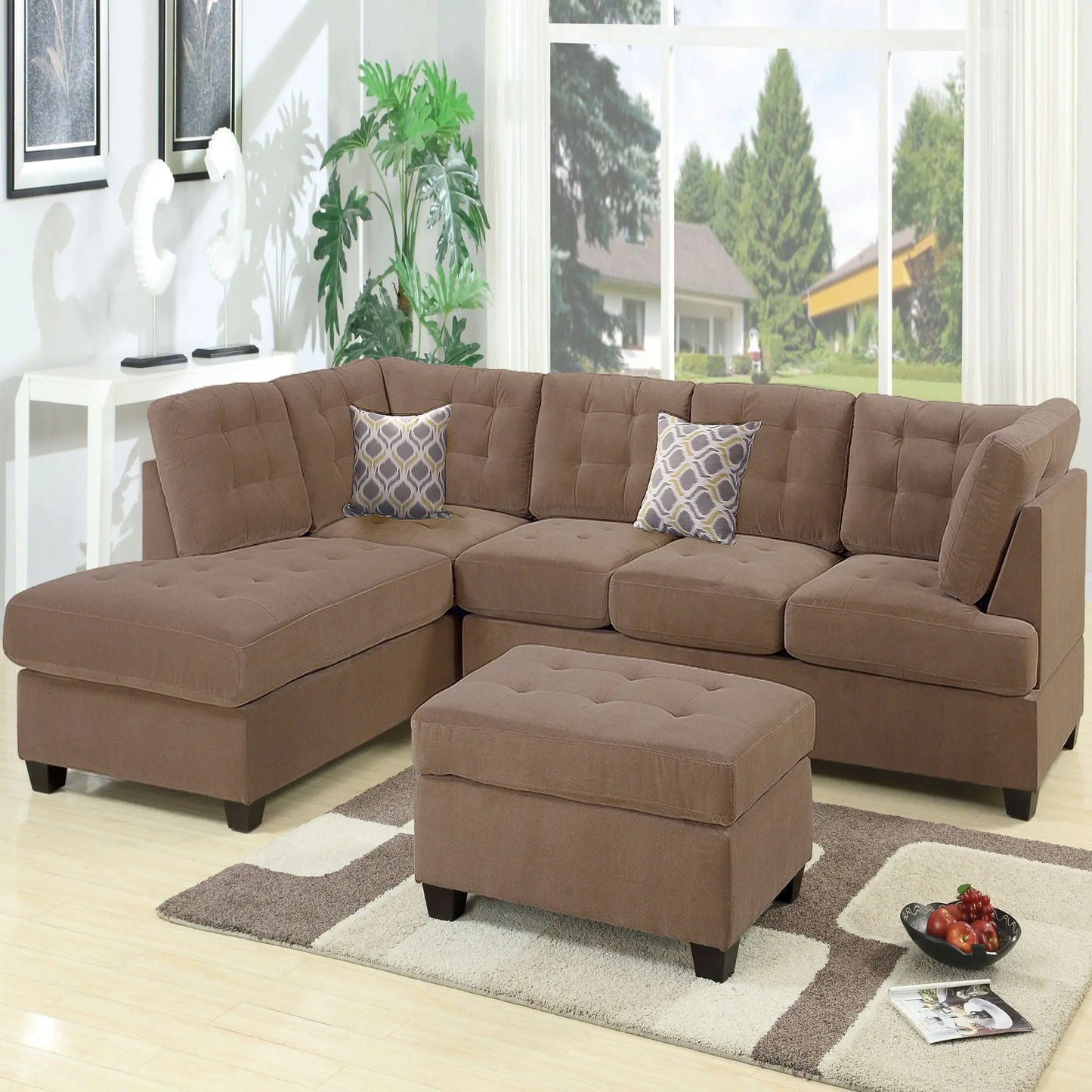 Truffle Waffle Suede Sectional Sofa With Tufted Cushions And Accent Pillows, Reversible Chaise - Neutral Home Essentials