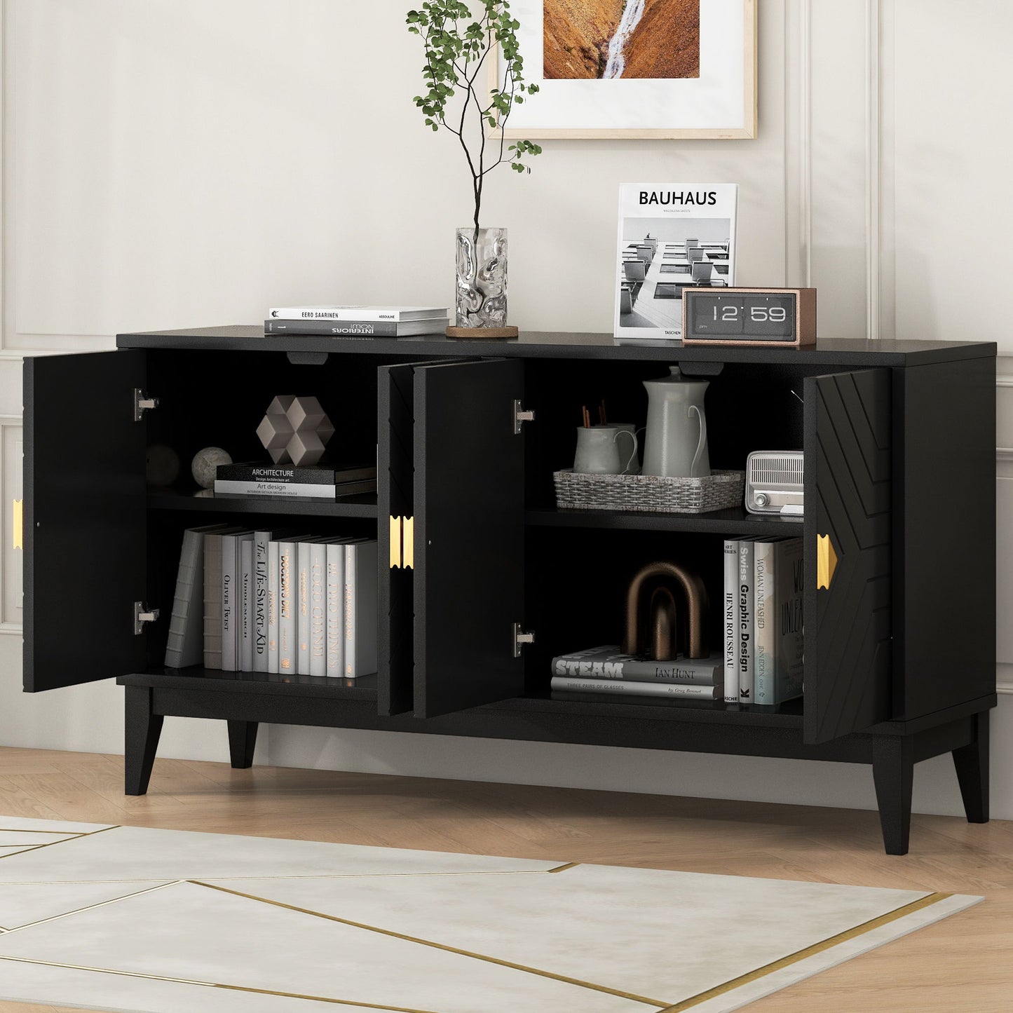 4 Door Sideboard Storage Cabinet For Living Room And Dining Room, 2 Large Cabinets With Gold Handles And Adjustable Shelf - Black Noble House