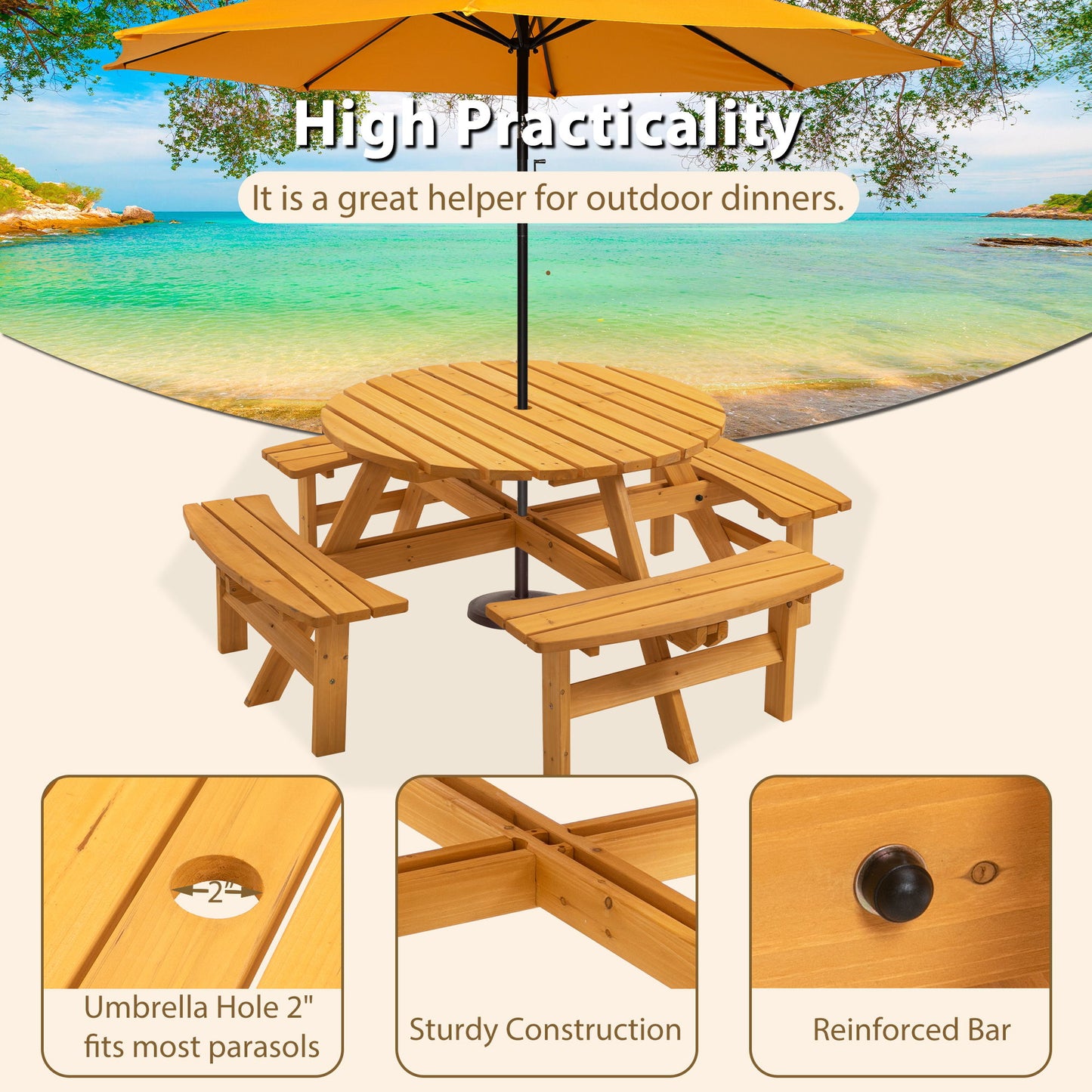 8 Person Wooden Picnic Table, Outdoor Camping Dining Table With Seat, Garden, Diy With 4 Built-In Benches, 2220Lb Capacity Home Essentials