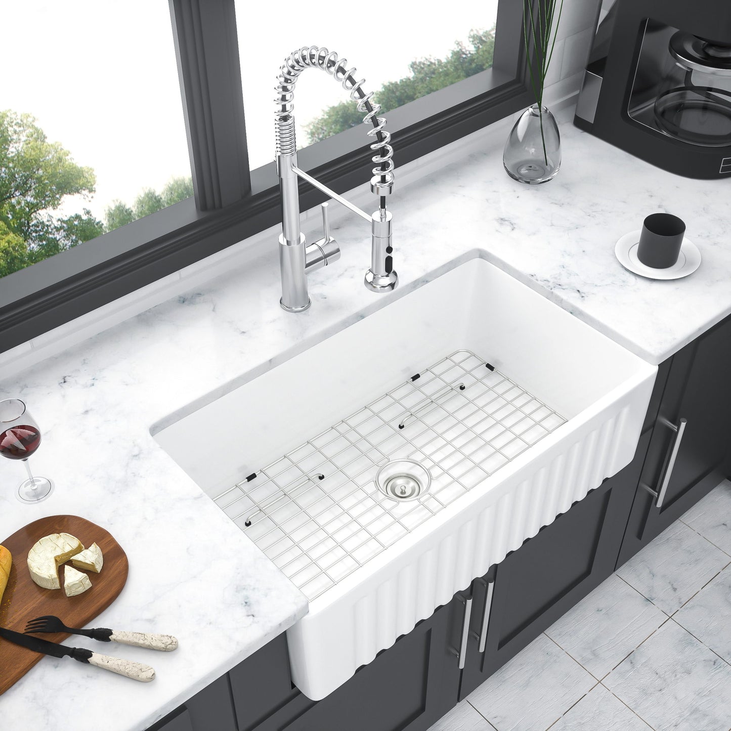 Sink 30" Apron Front Reversible Single Bowl Kitchen Sink With Grid And Strainer - White Daily Nest