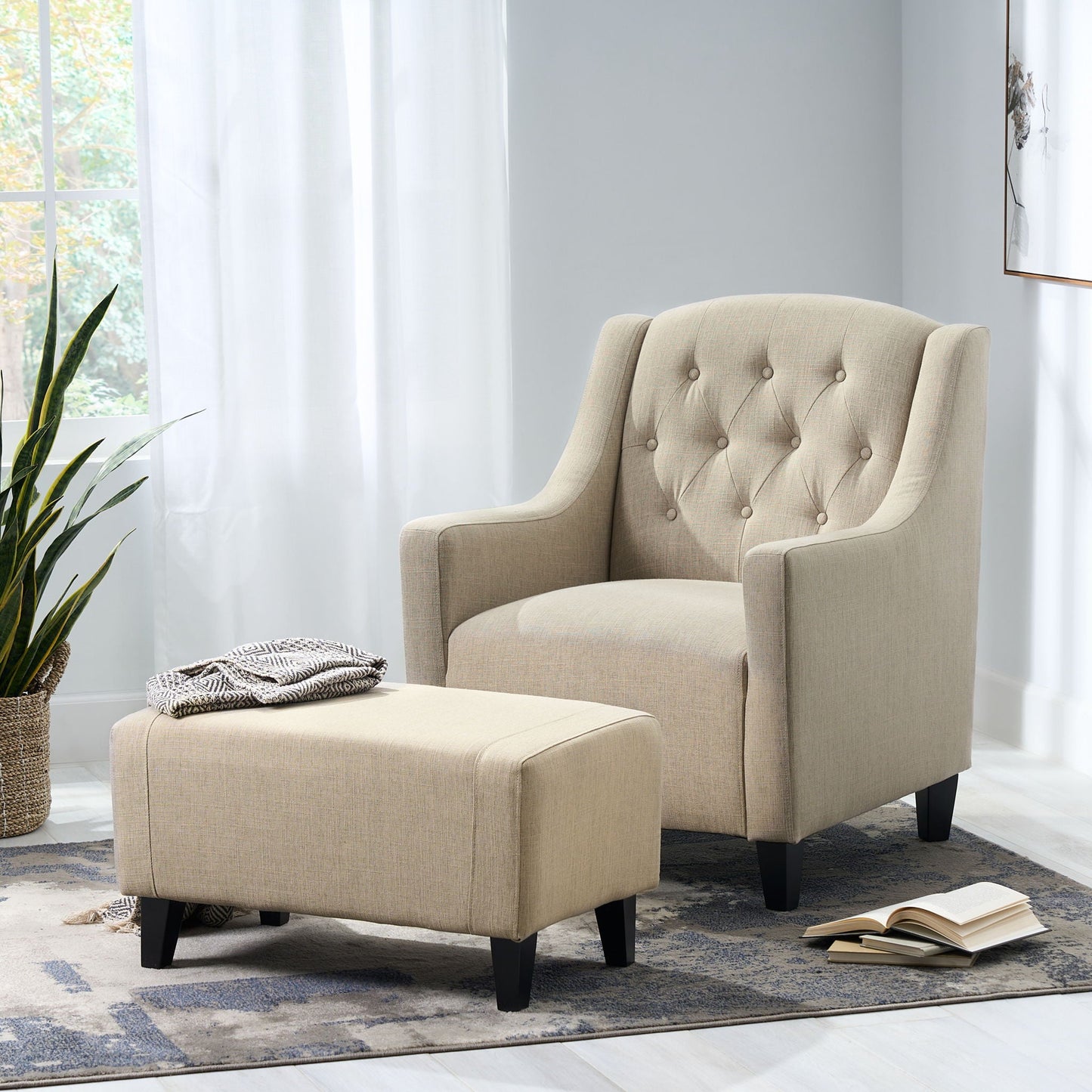 Elegant Upholstered Armchair With Ottoman Set - Beige Noble House