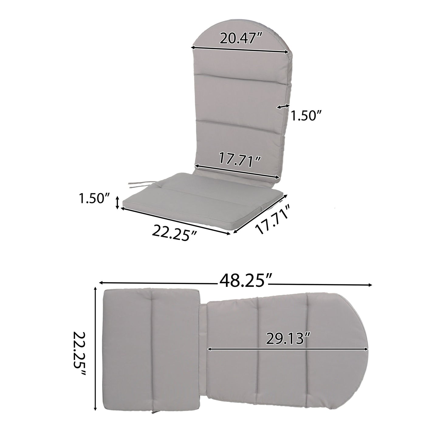 Outdoor Adirondack Chair Cushion With Water Resistant Fabric And Ties - Gray Noble House