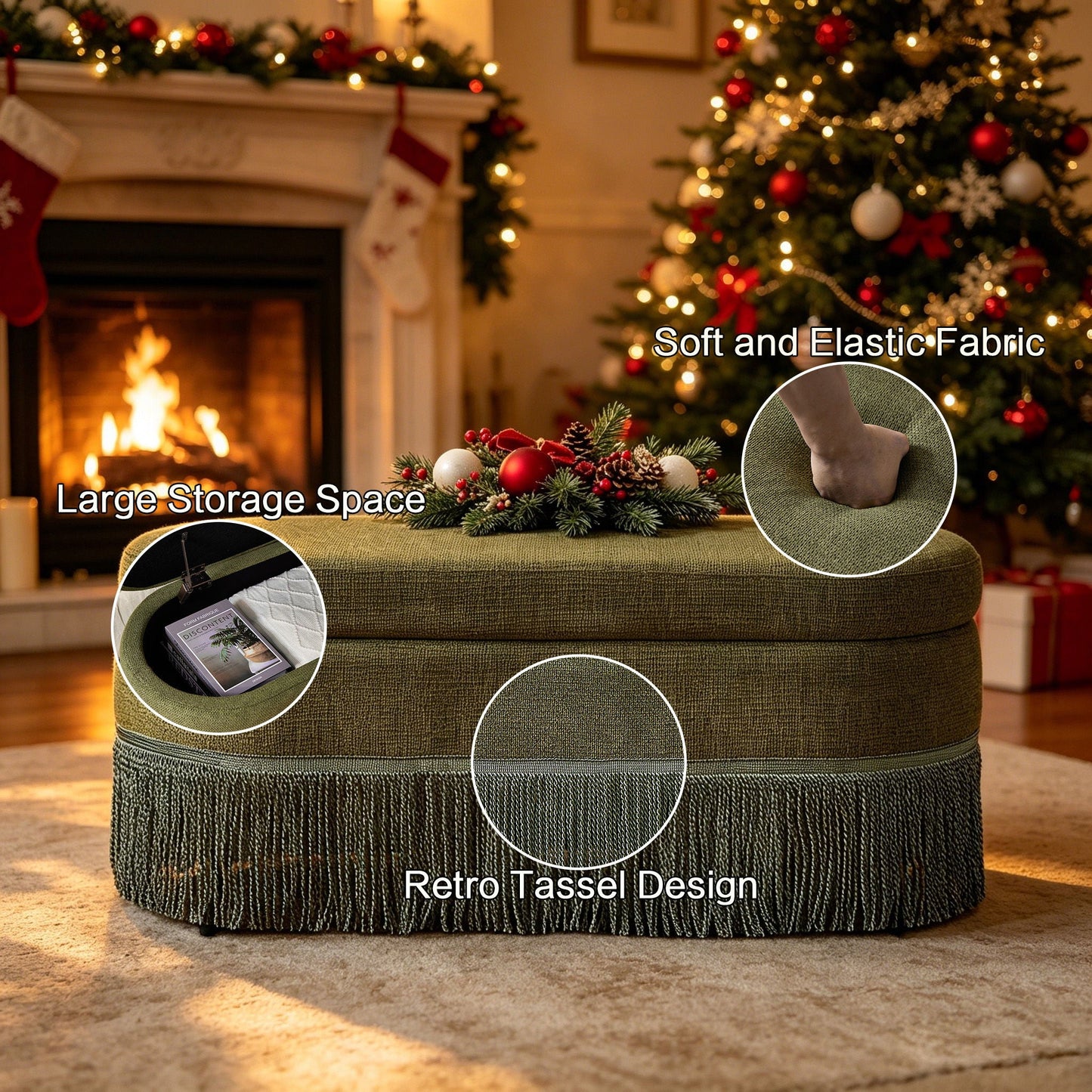 Oval Upholstered Storage Ottoman With Fringe Trim & Lift Top Lid Home Essentials