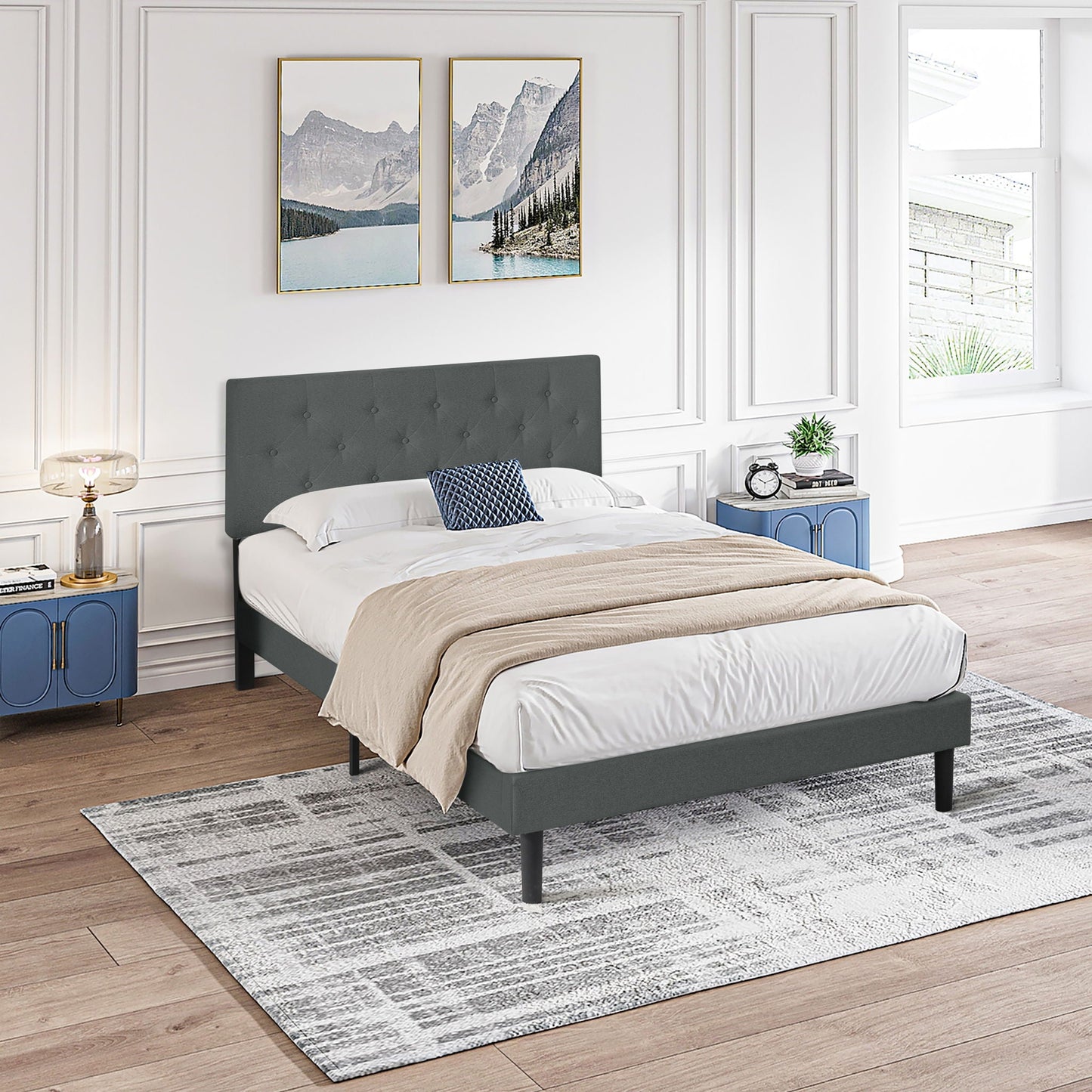 Modern Upholstered Platform Bed Frame With Button Tufted Linen Fabric Headboard Home Essentials
