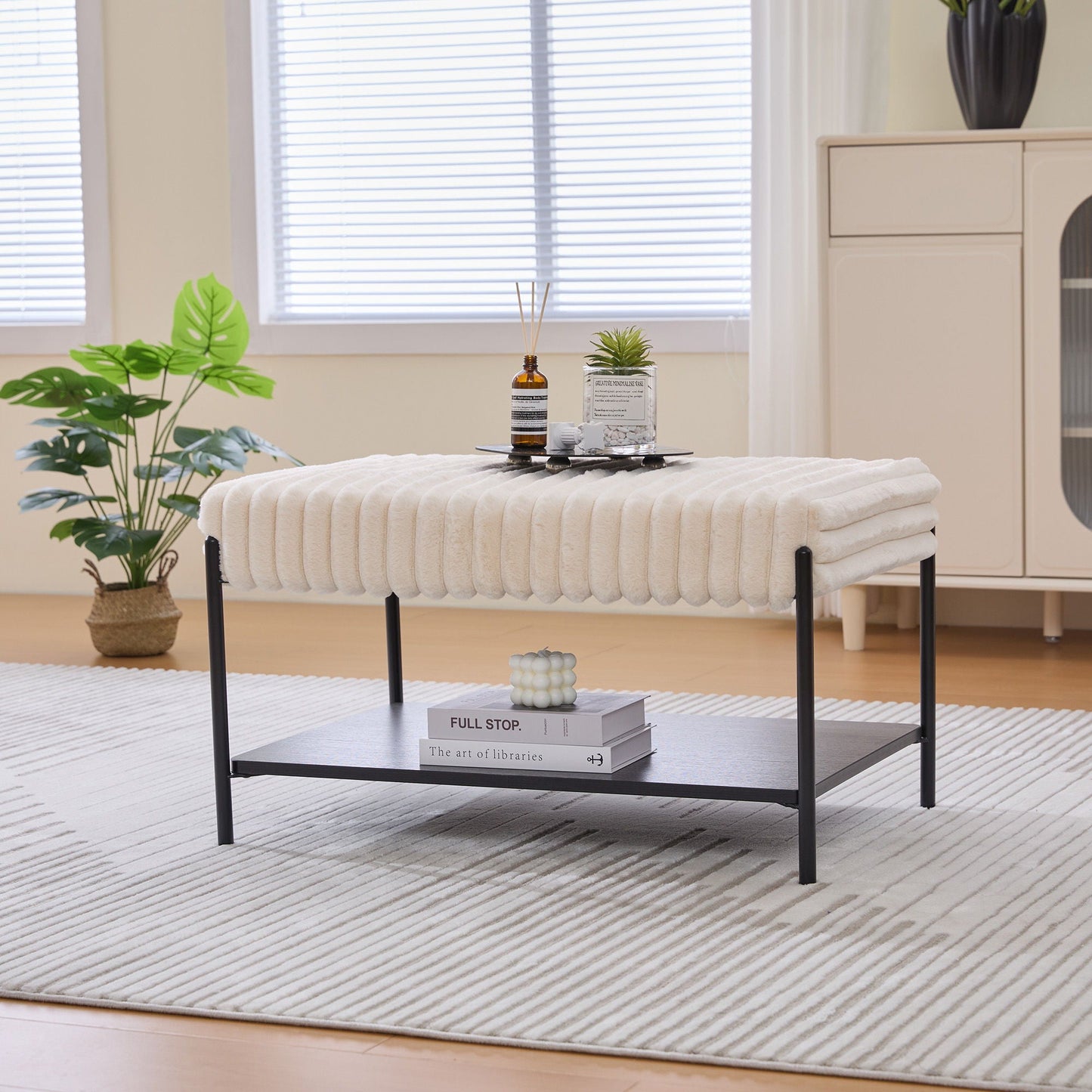 Upholstered Ottoman Coffee Table Foot Rest With Open Storage Home Essentials
