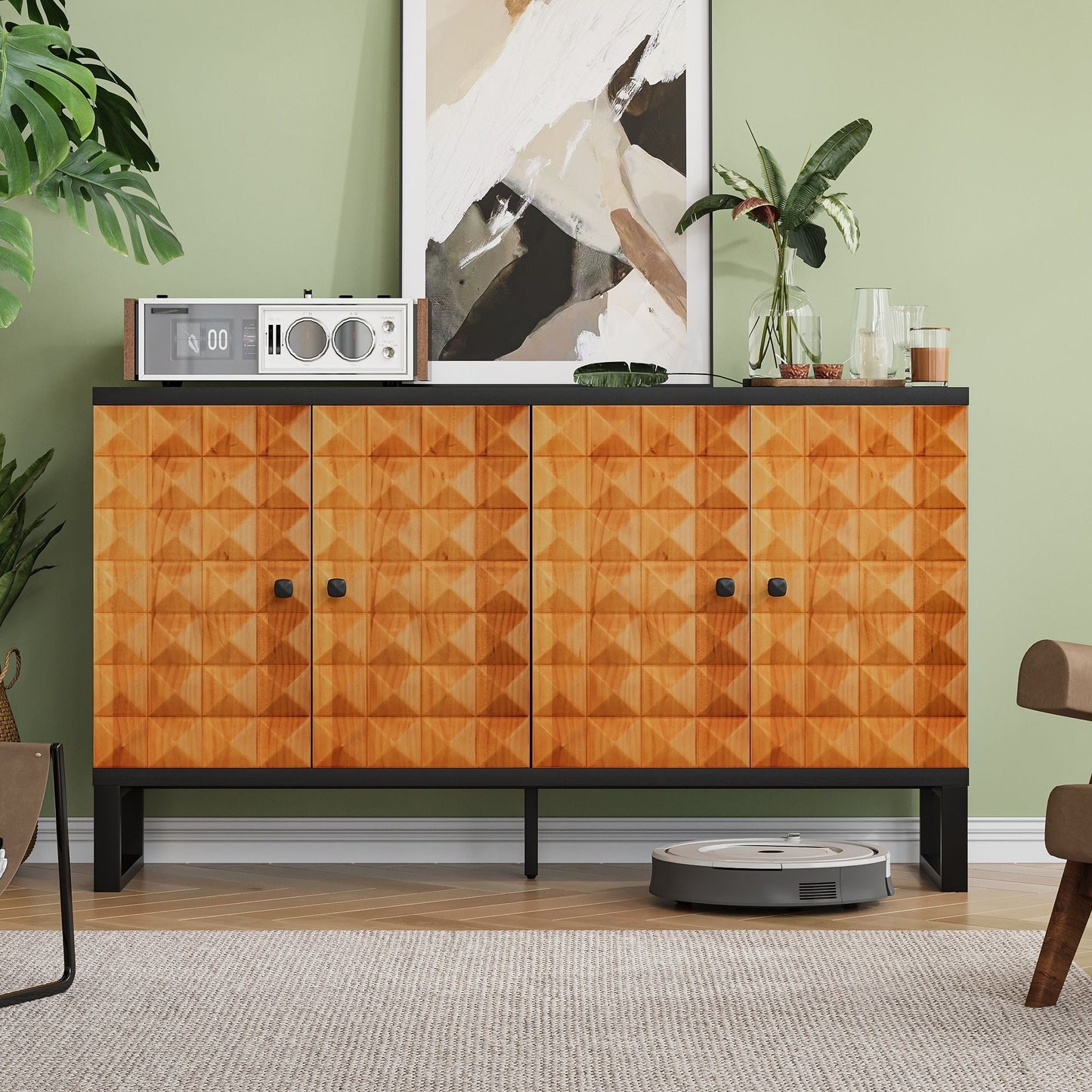 Modern Buffet Cabinet With Storage Space, Retro Style 4 Door Wooden Storage Cabinet, Multifunctional Decorative Cabinet With Geometric Patterns, Suitable For Living Room, Dining Room, Entrance - Orange / Yellow Home Essentials