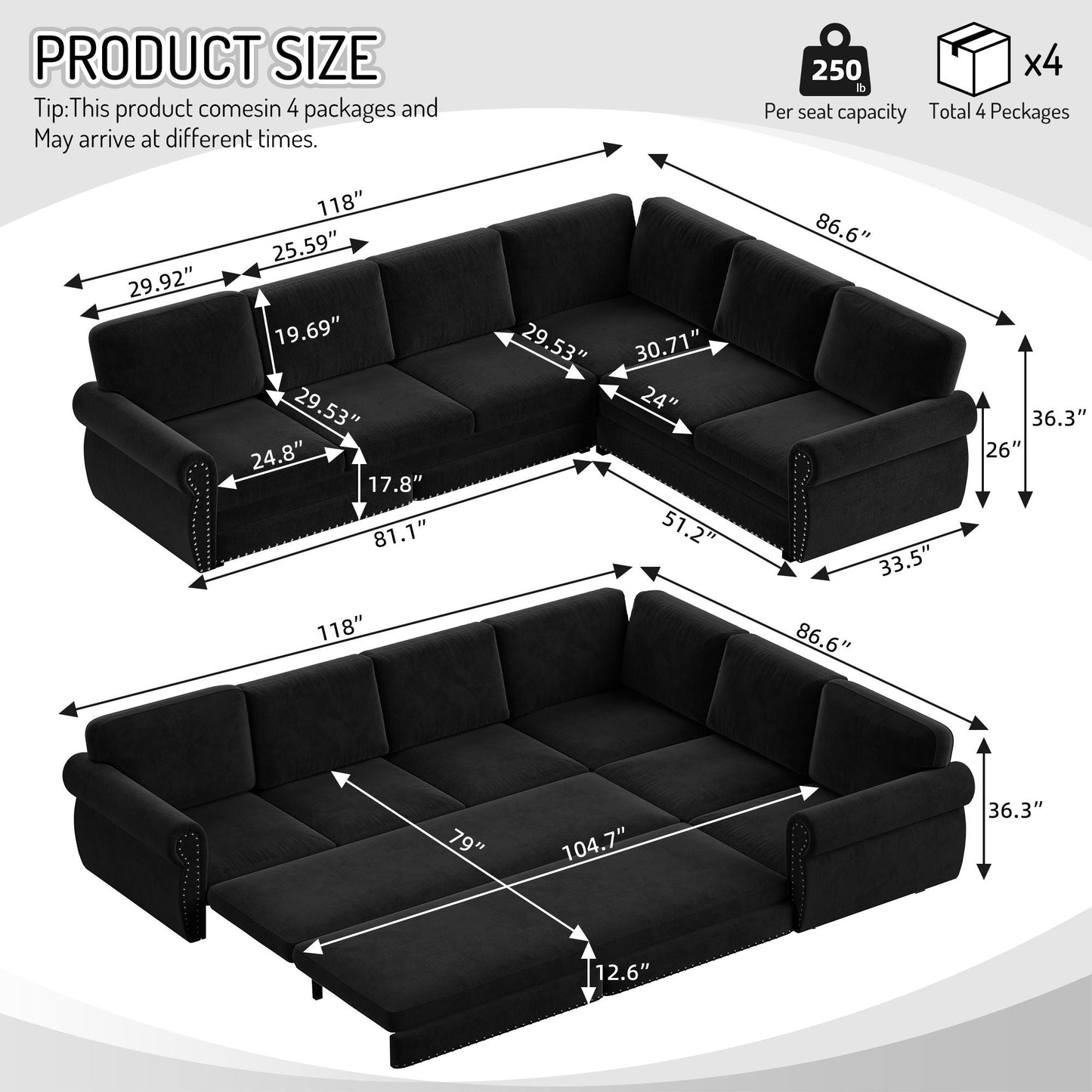 L-Shaped Sofa Couch With Pull Out Bed With Nailhead Trim & Rolled Arm Home Essentials