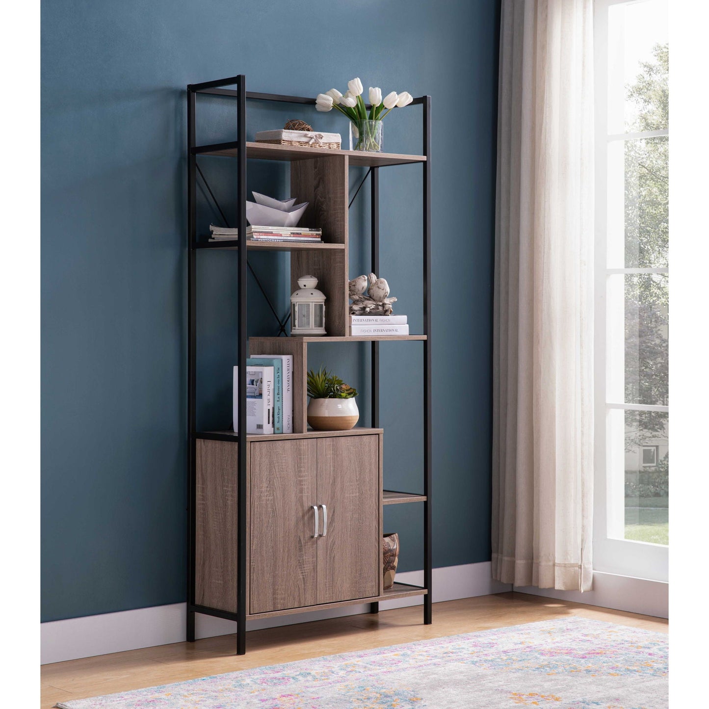 Modern Bookcase With Two Door Storage Cabinet With Two Shelves Home Essentials
