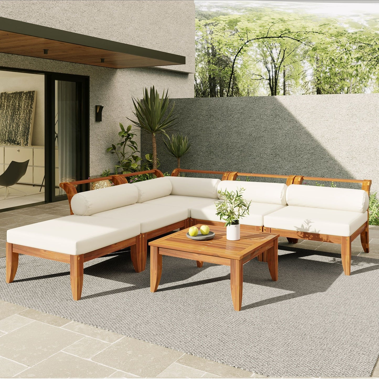 6 Piece Patio Sofa Set, Acacia Wood Outdoor Modular Sectional Garden Furniture Set L Shaped Conversation Set, Convertible Daybed With Tea Table, Ottoman, 5 Cushions And Pillows - Teak / Beige Hearth and Haven