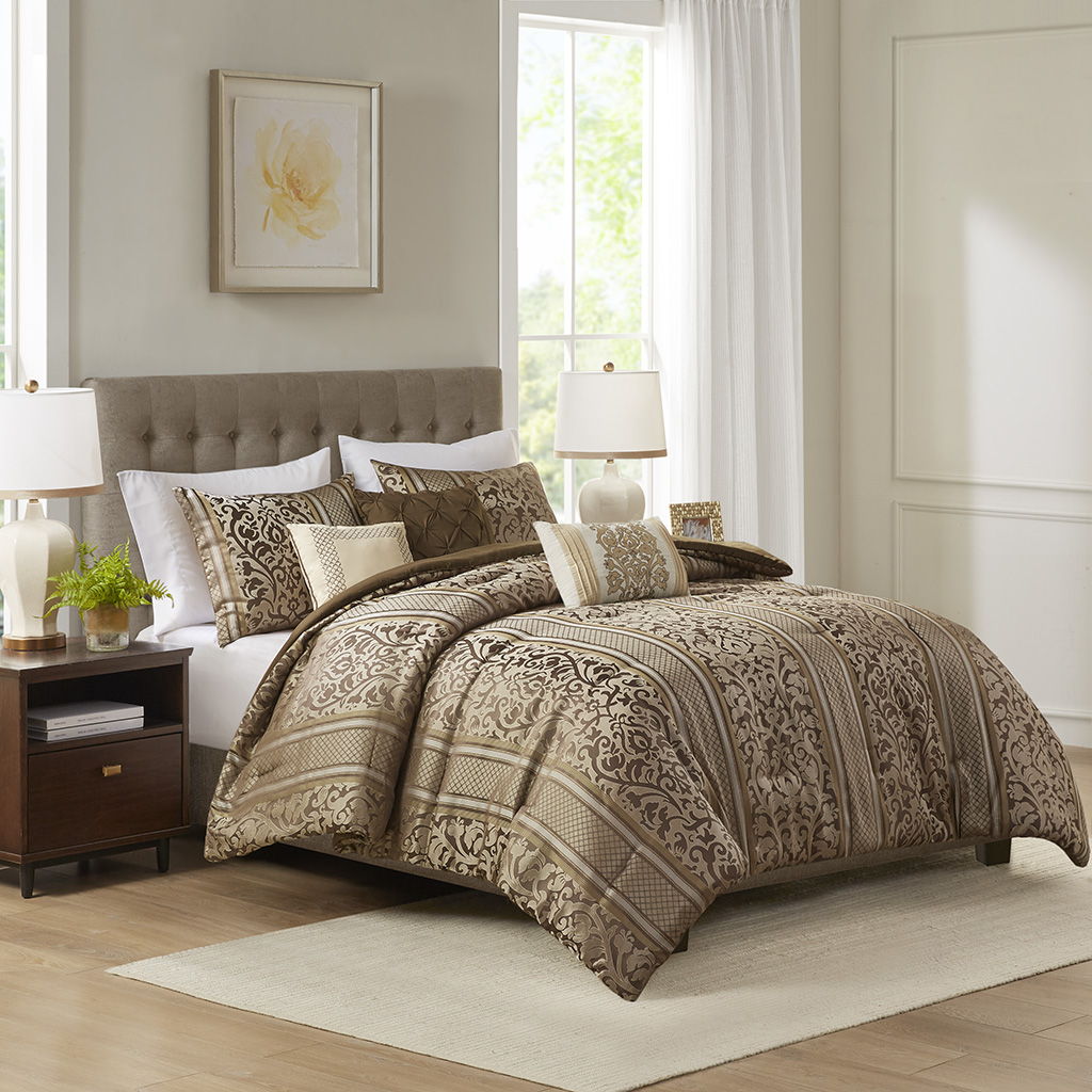 Bella - 6 Piece Jacquard Comforter Set With Throw Pillows - Light Brown Madison Park