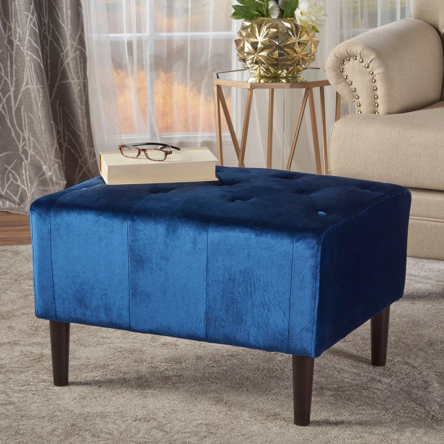 Mid Century Ottoman Velvet With Button Tufting With Birch Wood Legs - Navy Blue Noble House