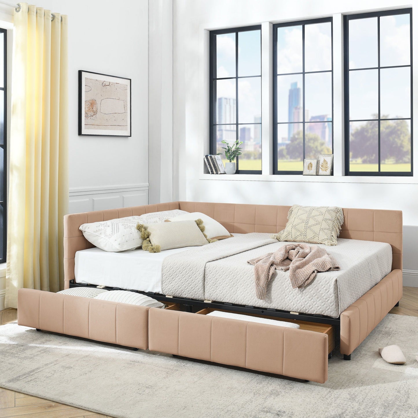 Mid-Century Storage Upholstered Tufted Bed Frame With Backrest And Armrests Home Essentials