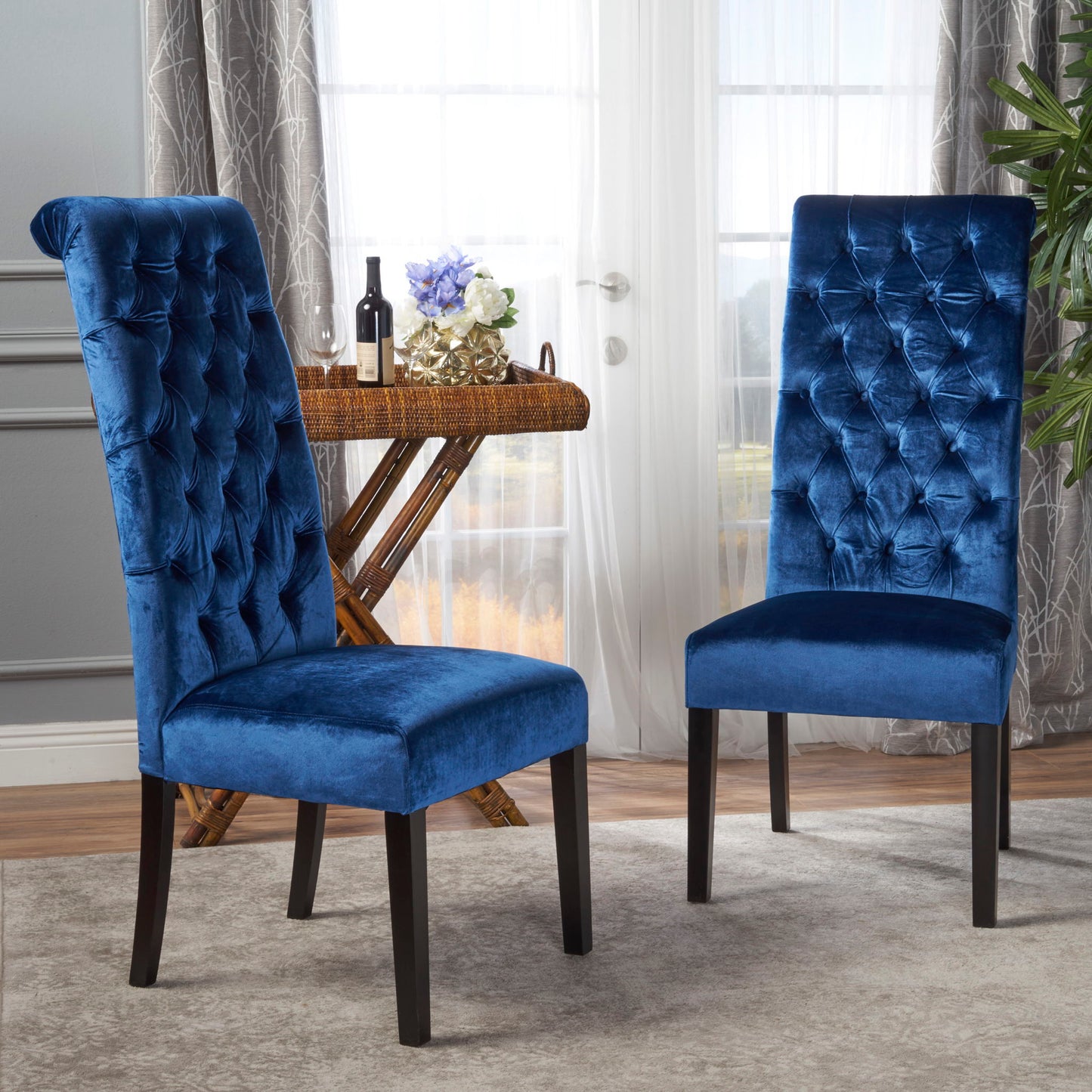 Elegant George Hi Back Dining Chair (Set of 2) With Tufted Velvet - Navy Blue Noble House