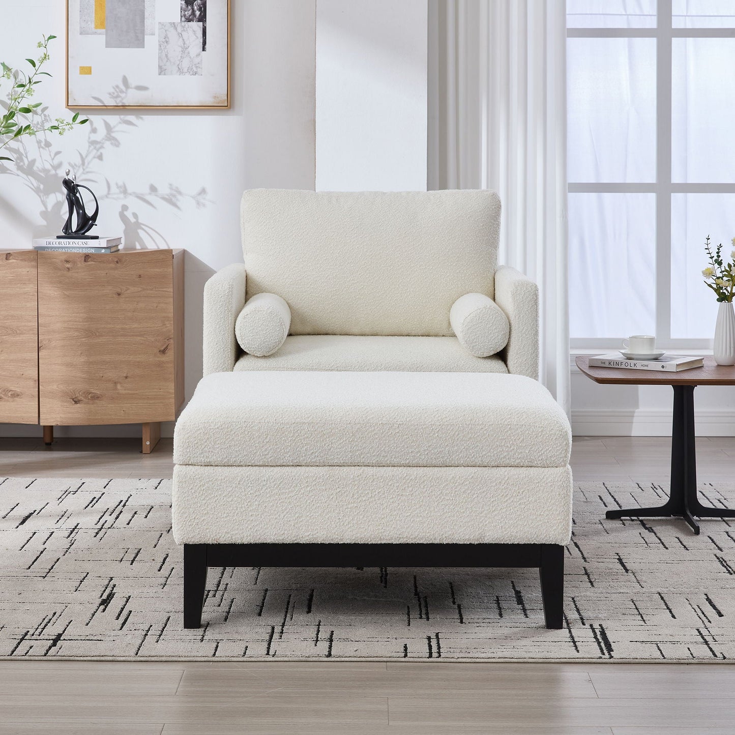 Farmhouse Upholstered Accent Chair With Ottoman, Reversible Lid Coffee Table Home Essentials