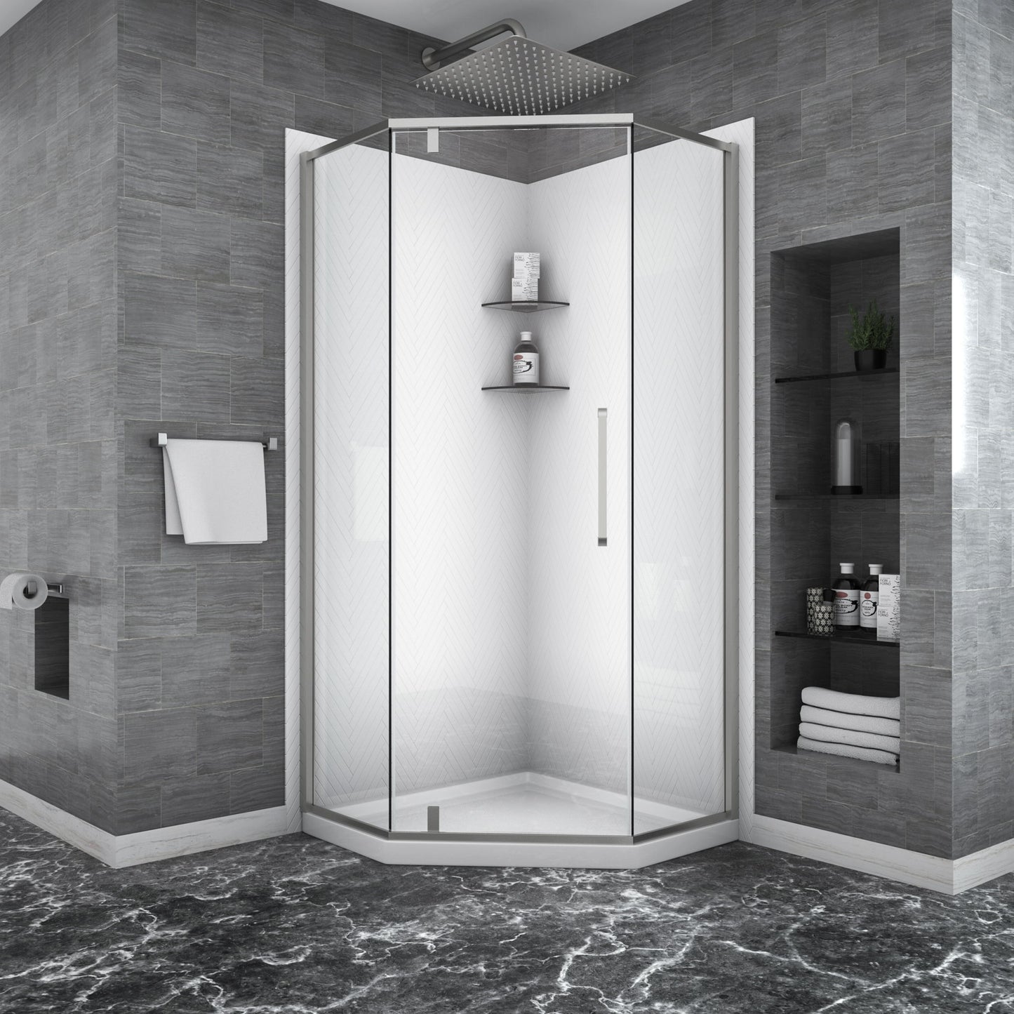 Semi Frameless Neo Angle Hinged Shower Enclosure With Clear Tempered Glass - Brushed Nickel Daily Nest
