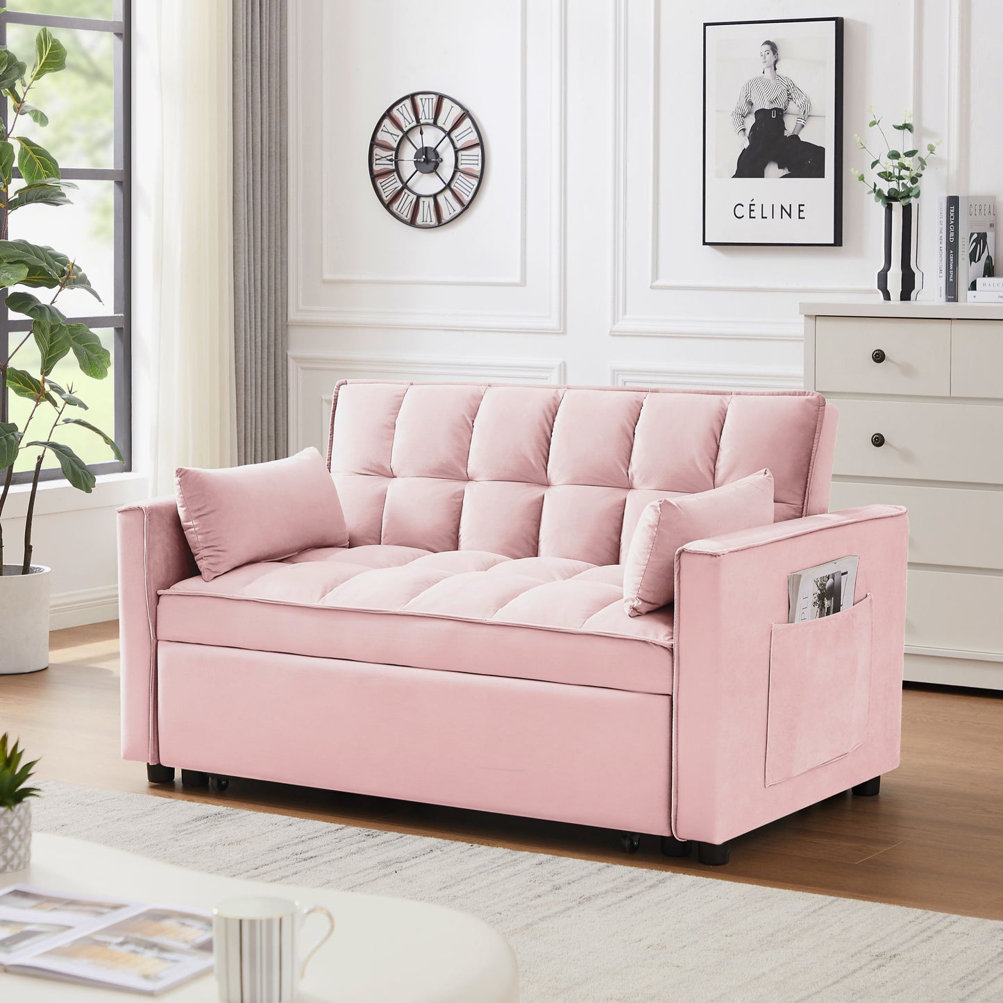 Modern Velvet Convertible Loveseat Futon Sofa With Pullout Bed, Reclining Backrest Home Essentials
