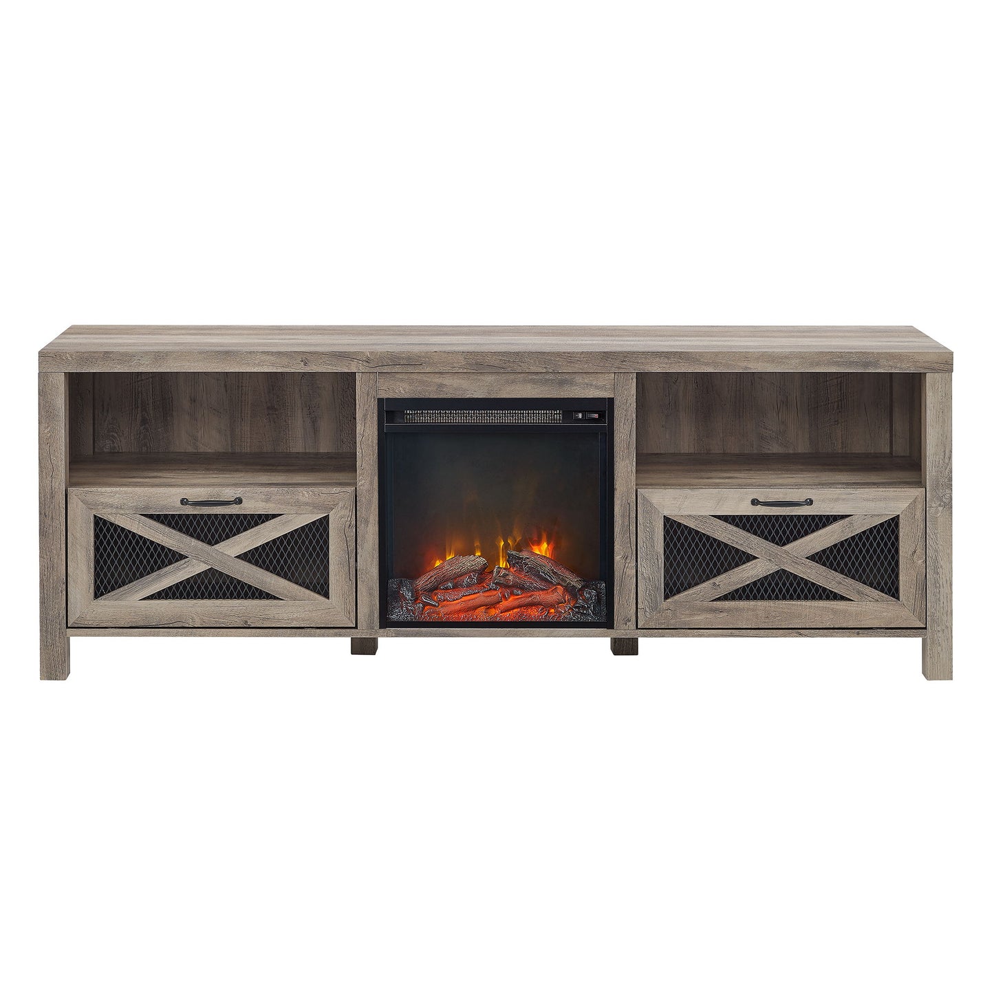 Industrial Farmhouse Metal Mesh Drop Down X Door Fireplace TV Stand Walker Edison