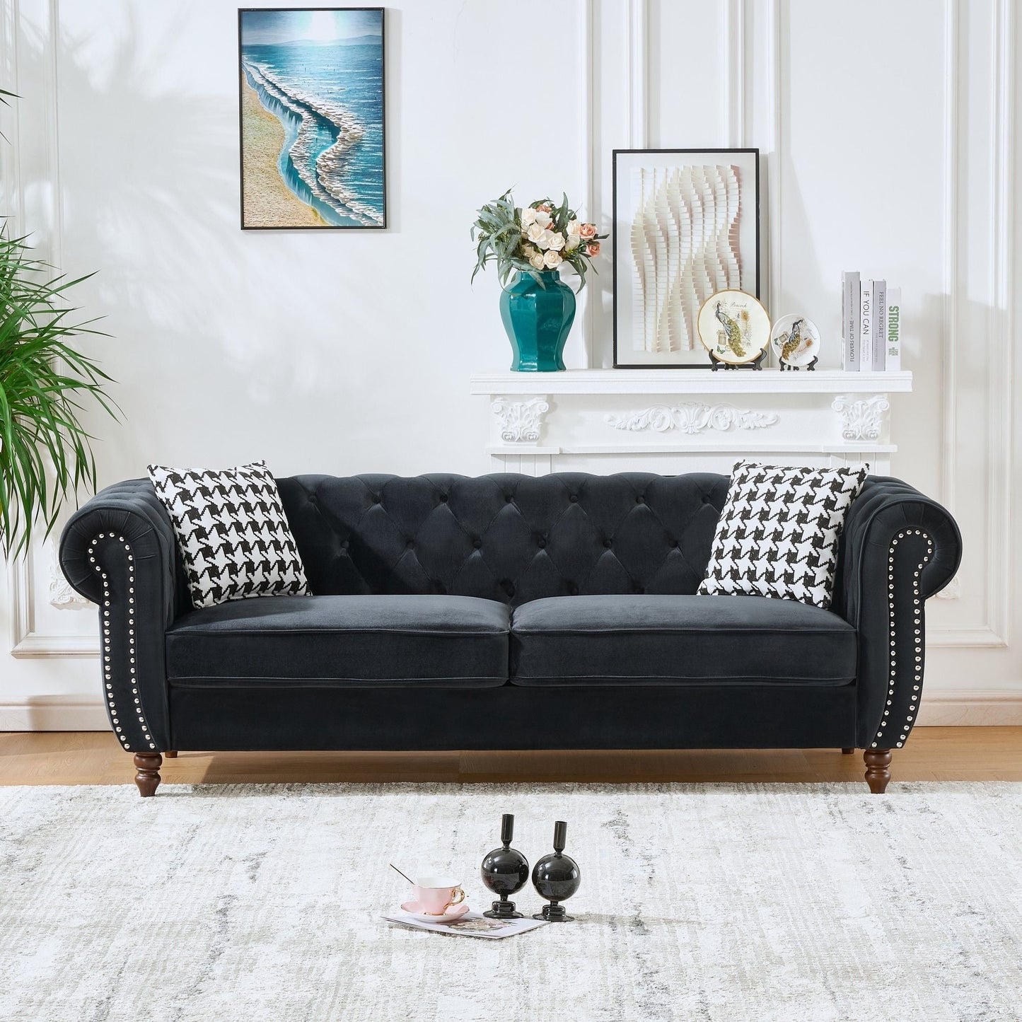 Chesterfield Upholstery Fabric Sofa With Roll Armrest & Nailhead Home Essentials
