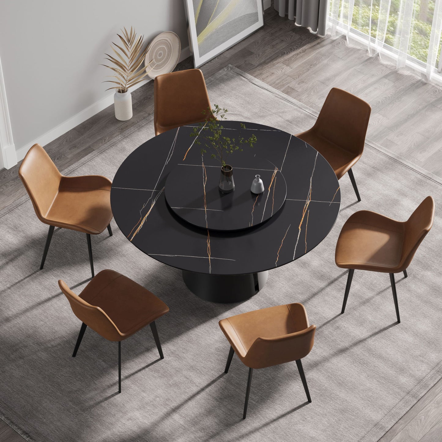 53.15" Round Modern Artificial Stone Carbon Steel Base Dining Table, Can Accommodate 6 People - Black / Gold Home Essentials