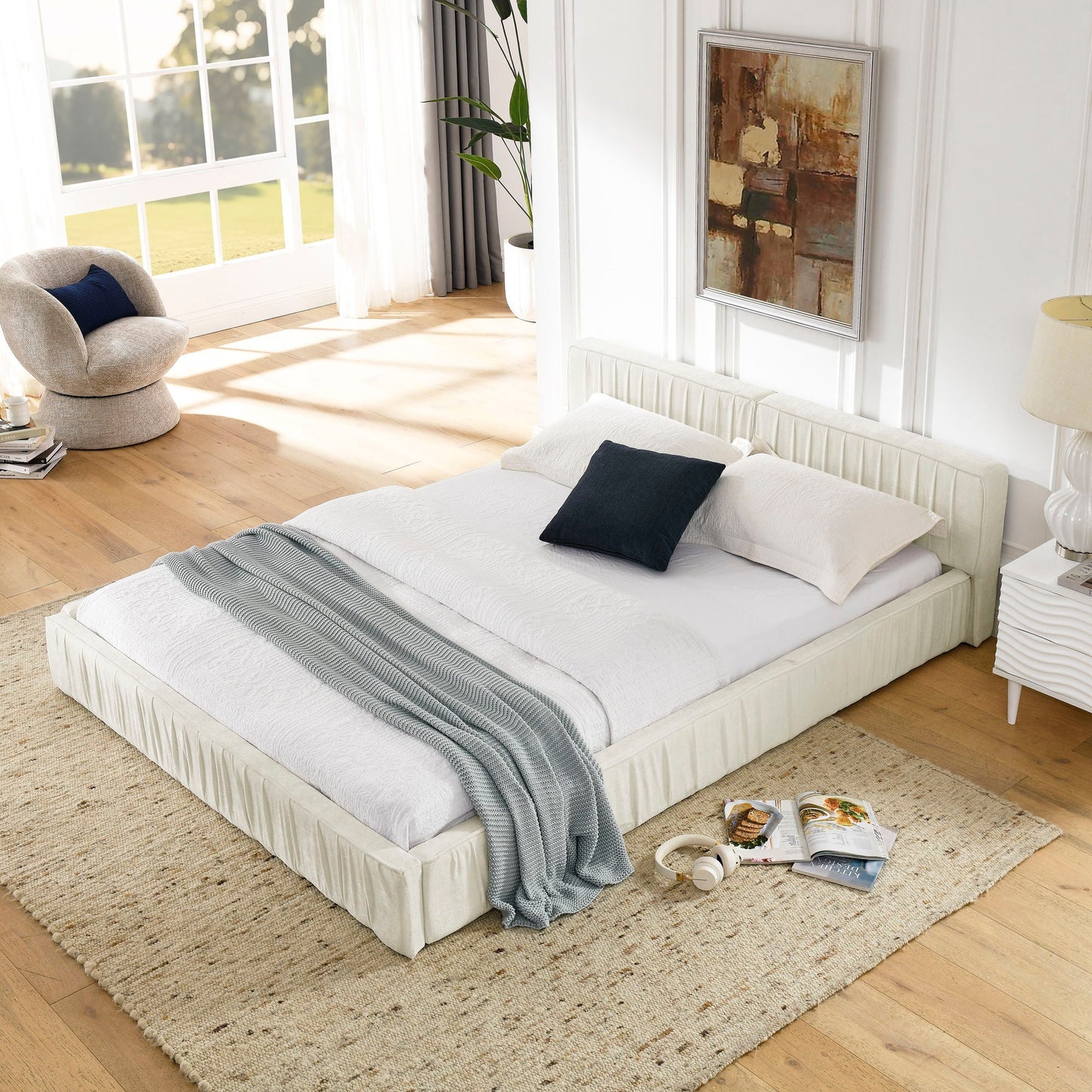 Modern Upholstered Platform Bed Frame With Pleated Design Home Essentials