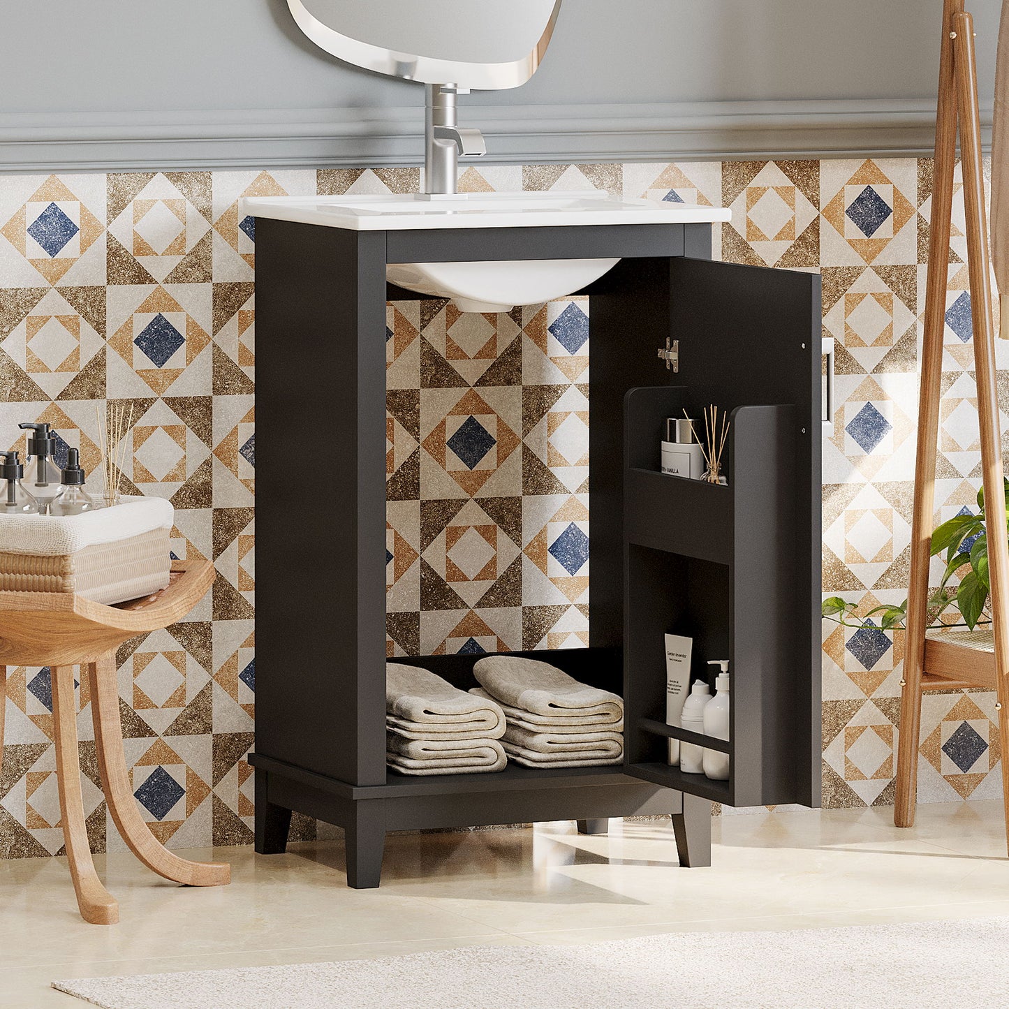 Modern Small Bathroom Vanity Cabinet With Ceramic Basin, Ample Storage, 1 Soft Close Door Hearth and Haven