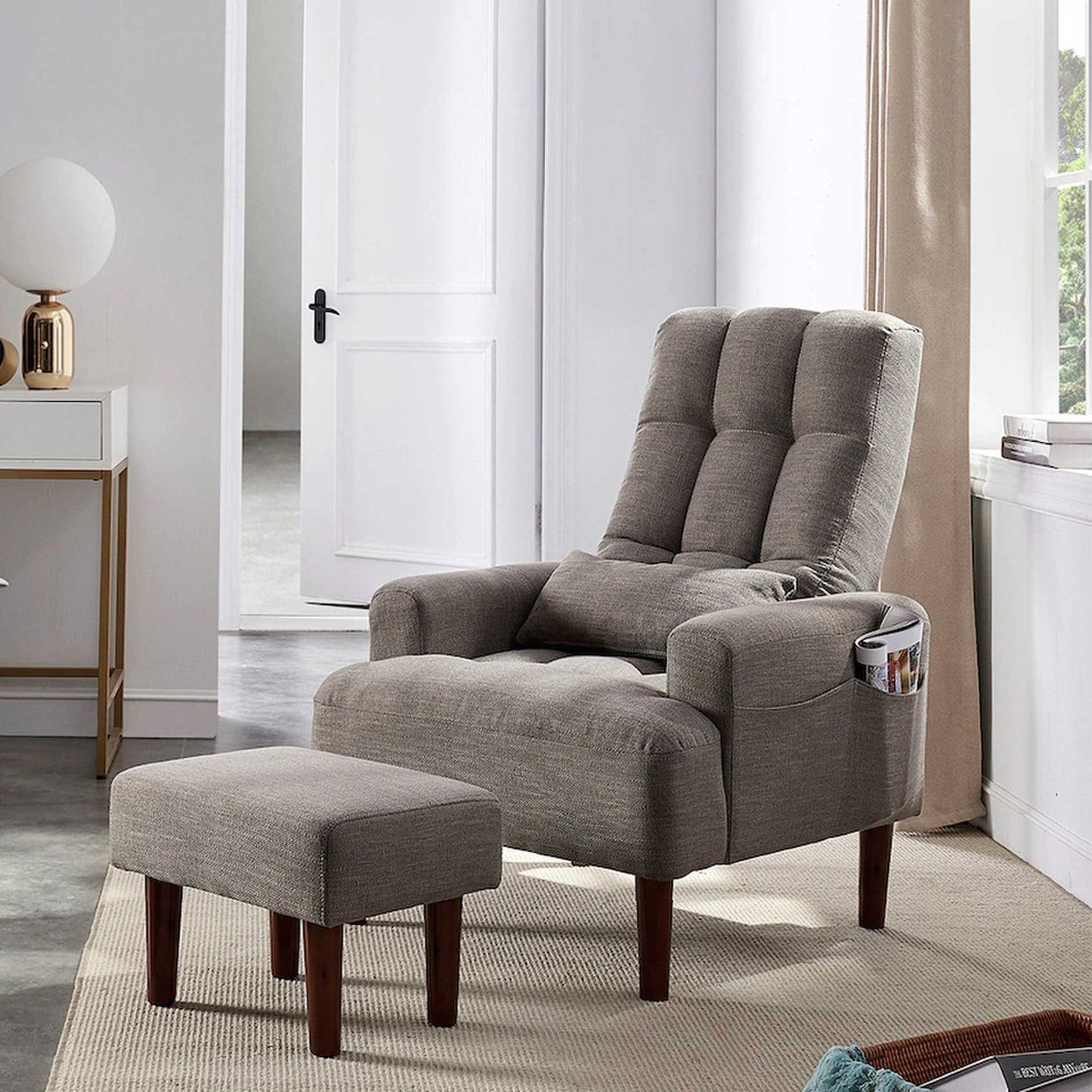Living Room Sofa Single Chair And Ottoman, Modern Multi-Function Fabric Living Room Sofa Lounge Chair Bed And Stool. Soft Leisure Single Chair Adjustable Into 5 Angles With Sofa Bed Home Essentials