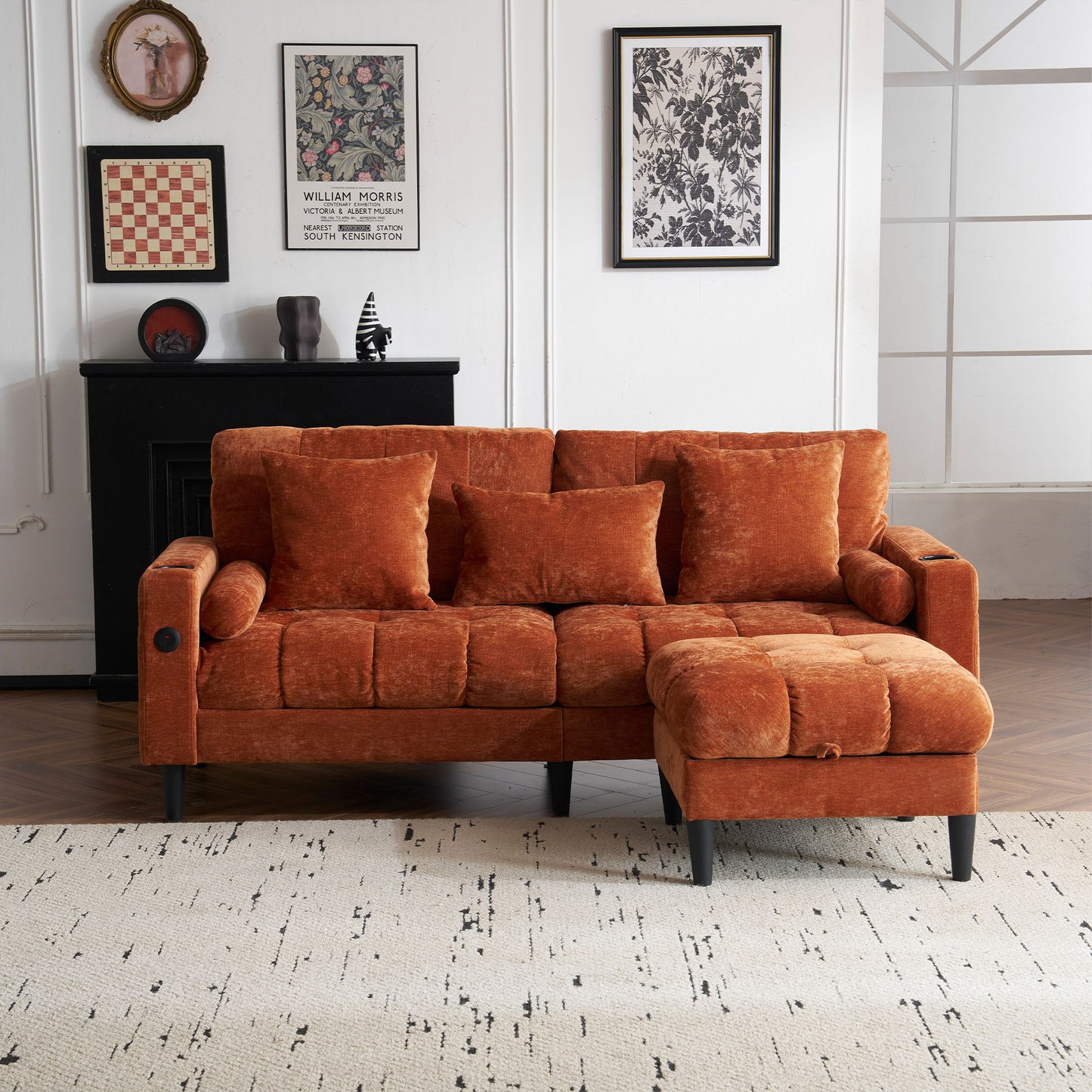 3 Seat L-Shaped Chenille Sofa With Removable And Storage Ottoman, Side Storage, And USB / C - Type Charging Ports Sofa For Living Room