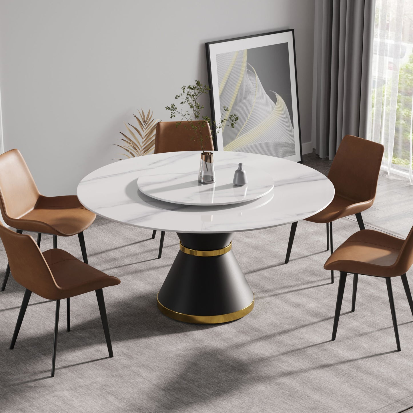 Modern Artificial Stone Round Carbon Steel Base Dining Table Stone Turntable Home Essentials