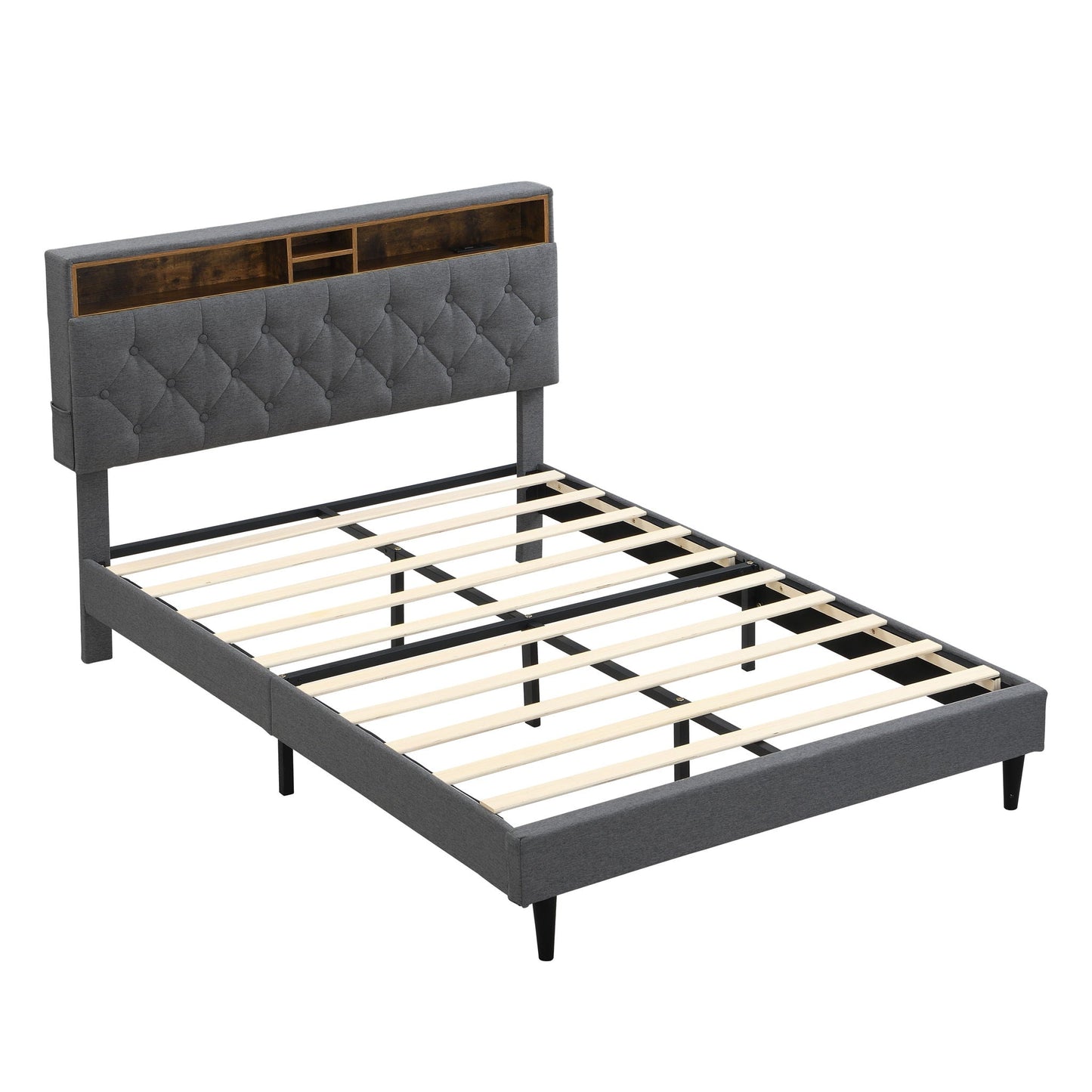 Modern Upholstered Platform Bed Frame With Button Tufted Headboard And USB Ports Home Essentials
