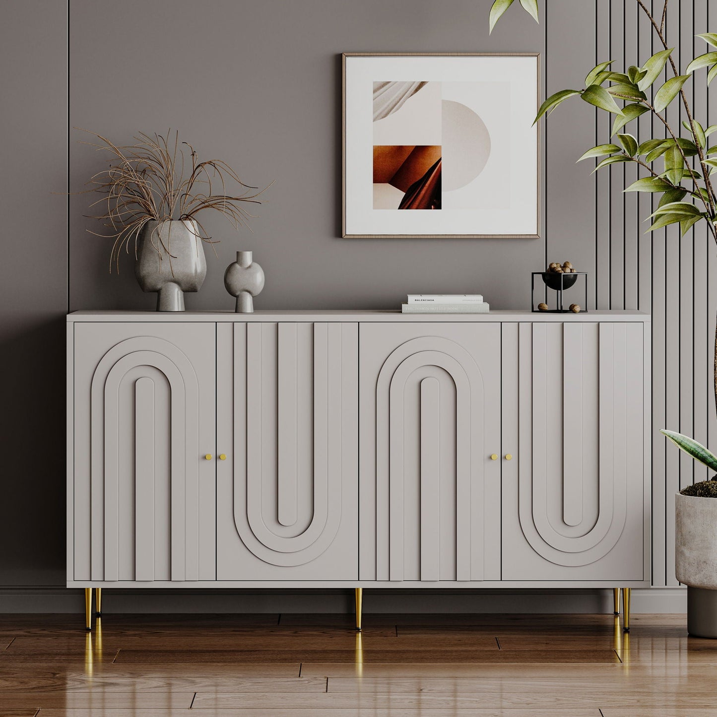 Modern Lacquered 4 Door Cabinet Sideboard Buffet Server Cabinet Storage Cabinet, For Living Room, Entryway, Hallway, Office, Kitchen And Dining Room Home Essentials