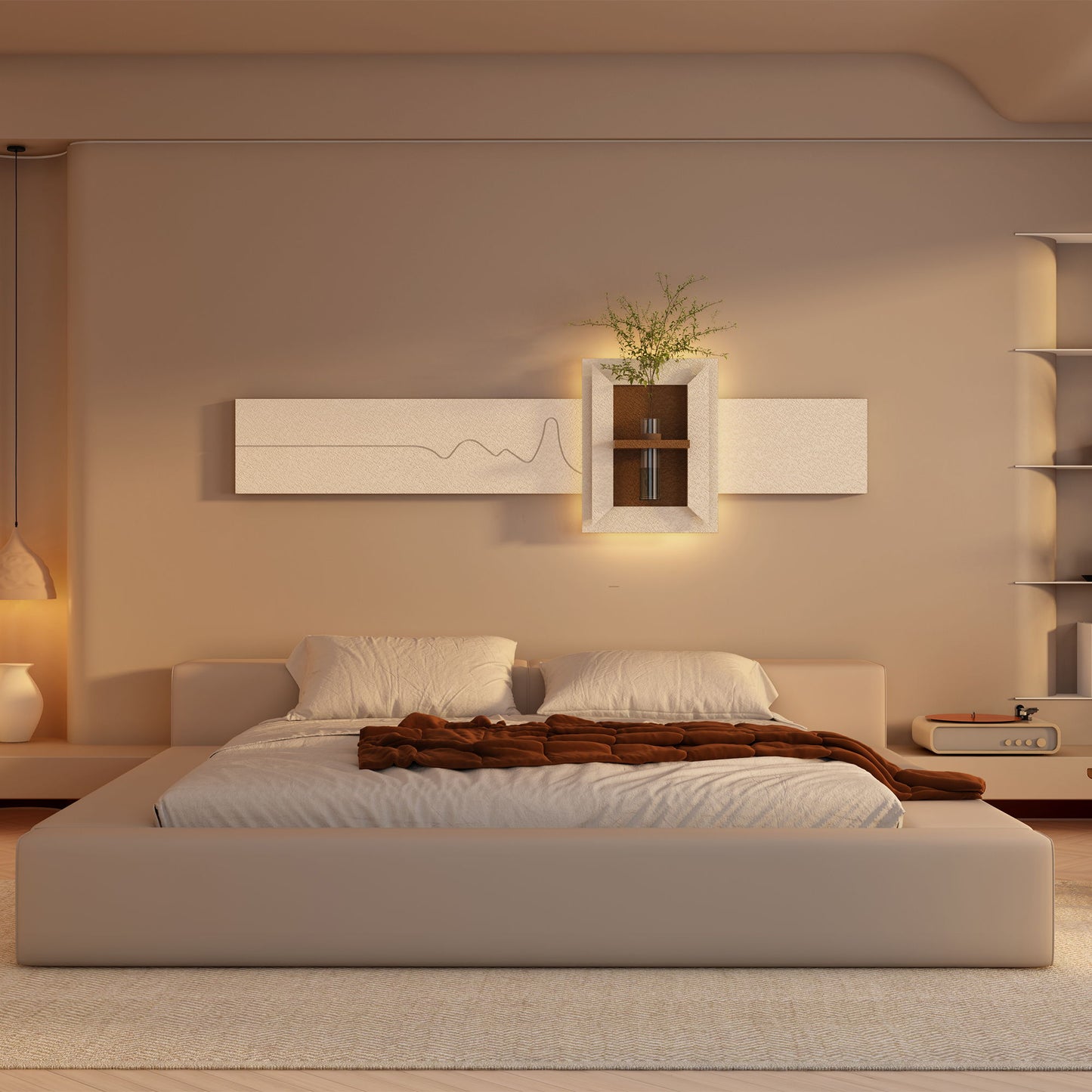 3D LED Sandstone Wall Decor With Simulated Plants, Glass Vase & Remote Control - Light Coffee Daily Nest