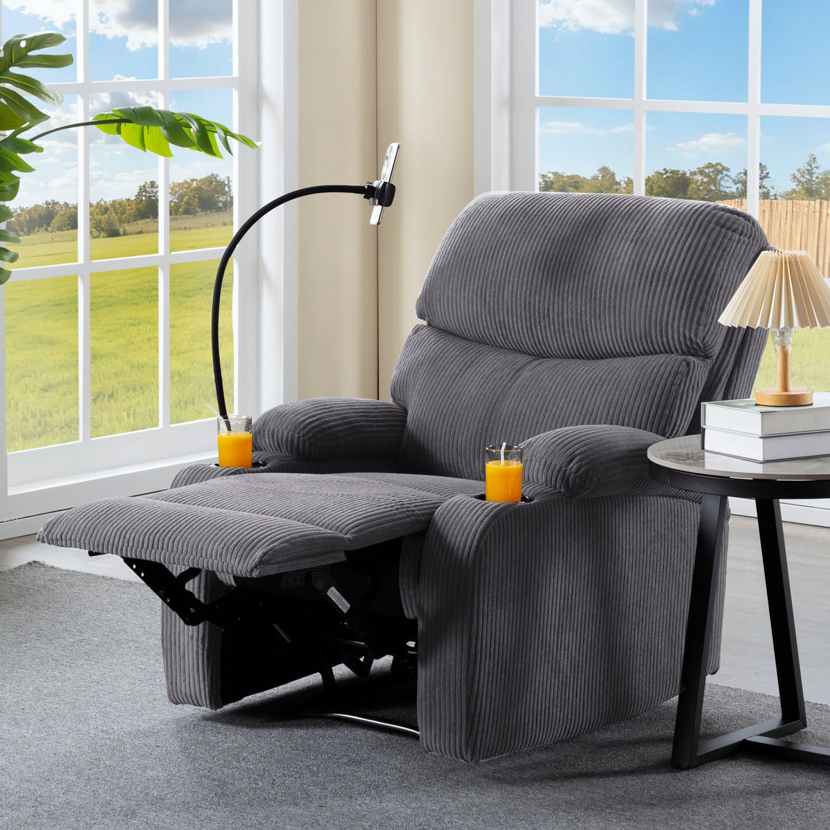 Adjustable Manual Recliner, Ergonomic Lounge Chair With Phone Holder And 2 Cup Holders Home Essentials