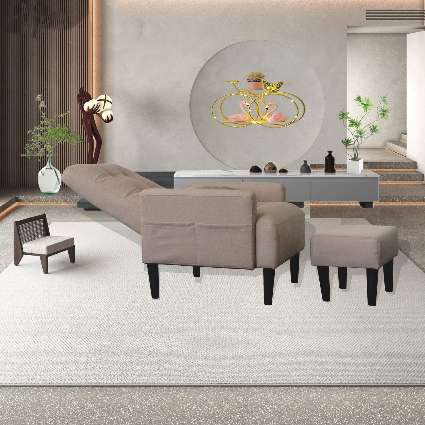Living Room Sofa Single Chair And Ottoman, Modern Multi-Function Fabric Living Room Sofa Lounge Chair Bed And Stool. Soft Leisure Single Chair Adjustable Into 5 Angles With Sofa Bed Home Essentials