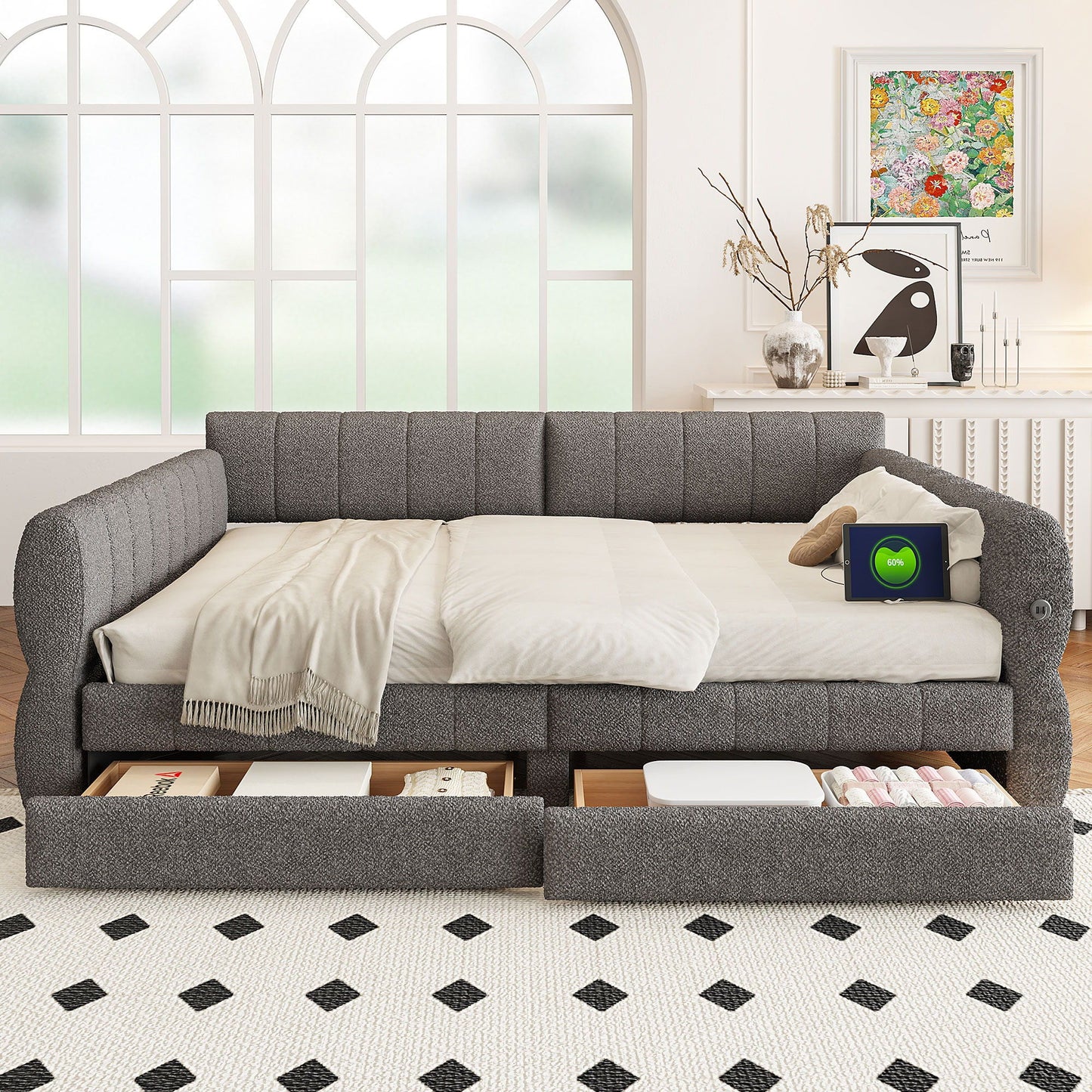 Upholstered Platform Bed With USB And 2 Drawers Dreamland