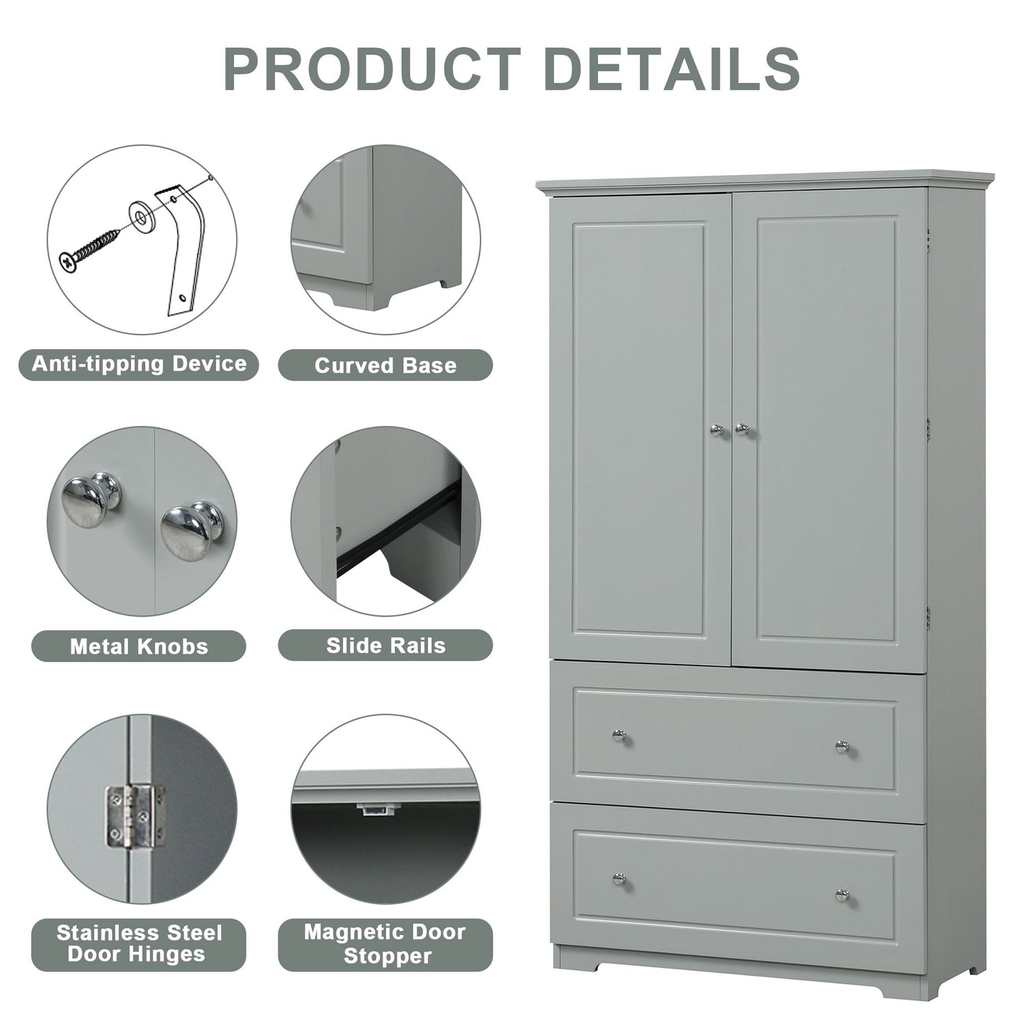 Wide Bathroom Storage Cabinet, Freestanding Storage Cabinet With Two Drawers And Adjustable Shelf, MDF Board With Painted Finish - Gray Hearth and Haven