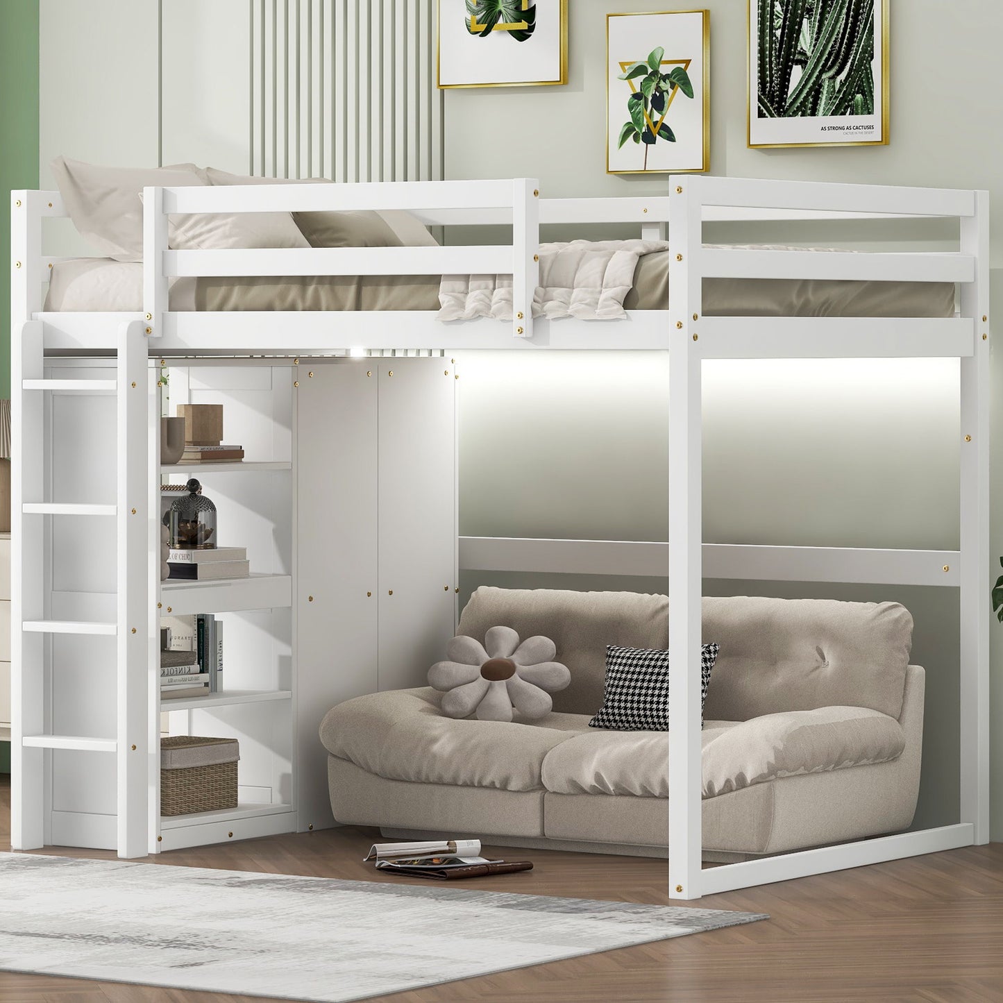 Loft Bed With Built In Wardrobe, Storage Shelves, And LED Light Hearth and Haven