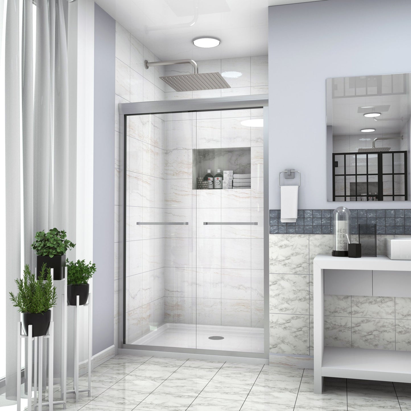 Modern Double Sliding Shower Enclosure, Tempered Glass Daily Nest