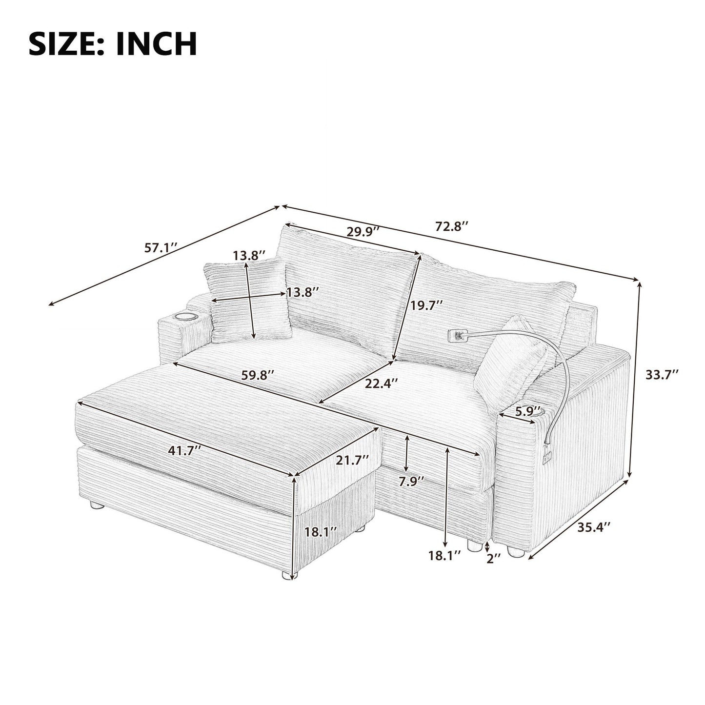 Modern Style Loveseat Sofa Sectional Sofa Couch With Storage Space, A Movable Ottoman, Two USB Ports, Two Cup Holders, A Phone Holder For Living Room Hearth and Haven