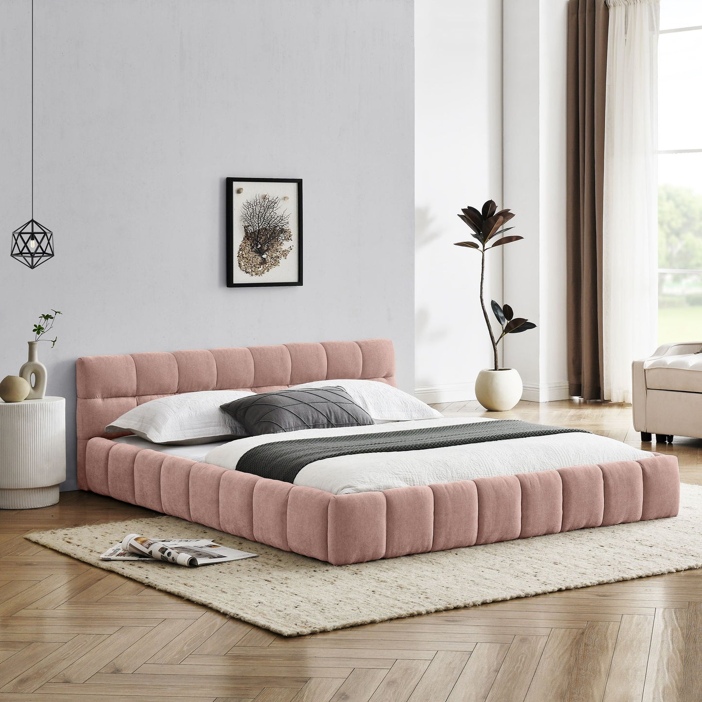Modern Platform Bed Frame With Thick Chenille Fabric Home Essentials