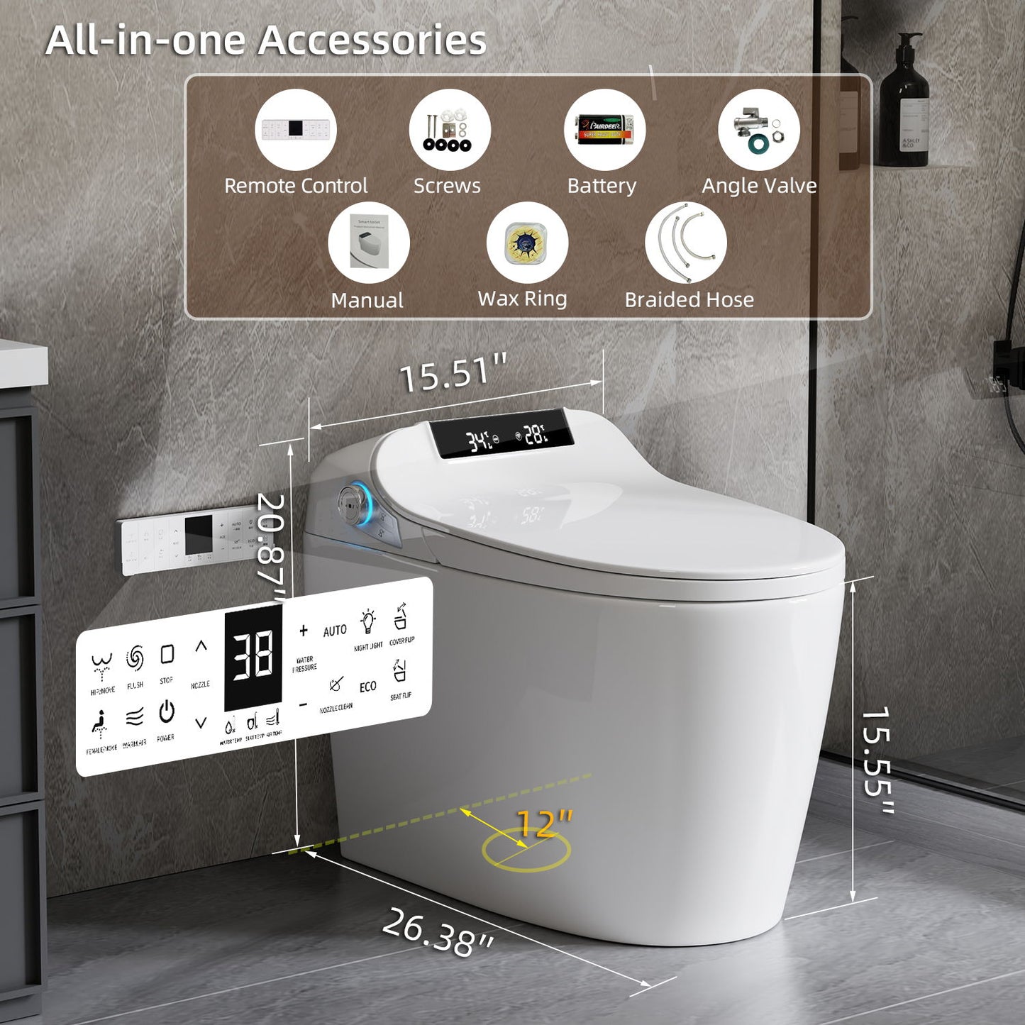 Smart Toilet Bidet Combo With Foot Sensor Open Cover / Seat, Self Cleaning Nozzle, LED Display, Three Level Heated Seat / Airflow, Night Light, Knob Control, Soft Close, Auto Flush, With Remote Control - Gloss White Daily Nest