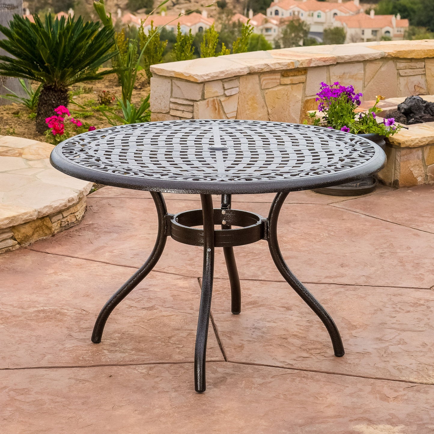 Tranquilius - Outdoor Round Dining Table With Lattice Tabletop, Umbrella Hole And Curved Legs Noble House