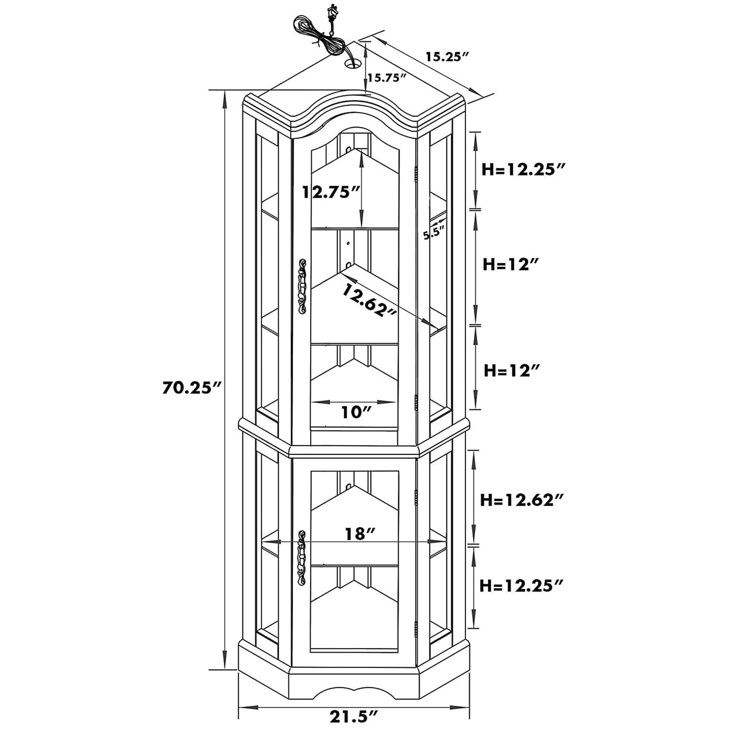 Corner Curio Cabinet With Lights, Adjustable Tempered Glass Shelves, Mirrored Back, Display Cabinet (E26 Light Bulb Not Included) - Walnut Home Essentials