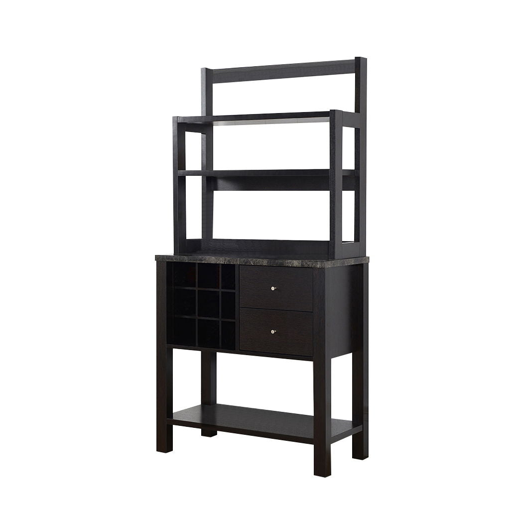 Bakers Cabinet With Three Display Shelves, Wine Compartment & Two Drawers - Red Cocoa Home Essentials