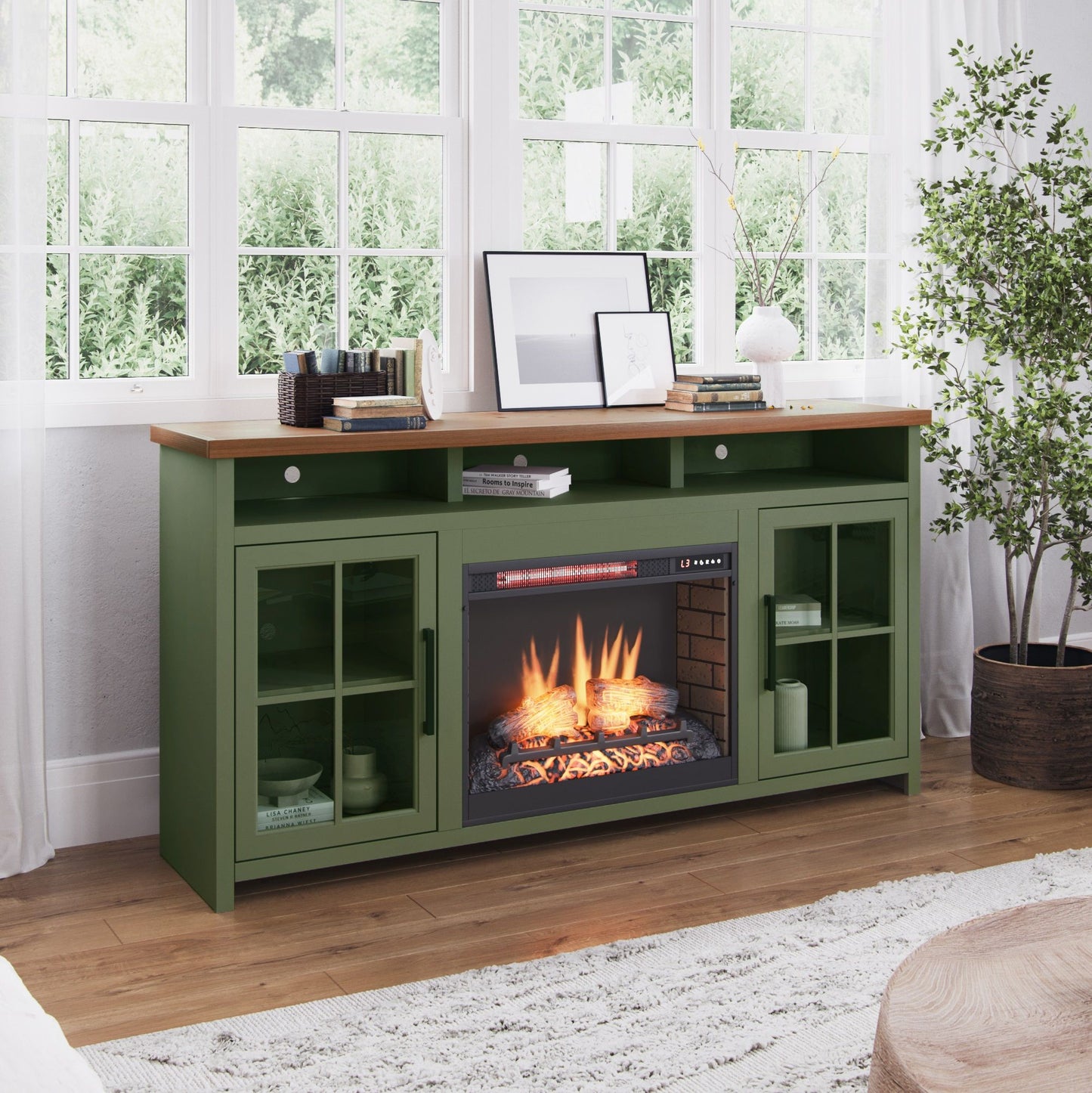 Vineyard - 74" Fireplace TV Stand Console For TVs Up To 85" - Sage Green And Fruitwood Legends
