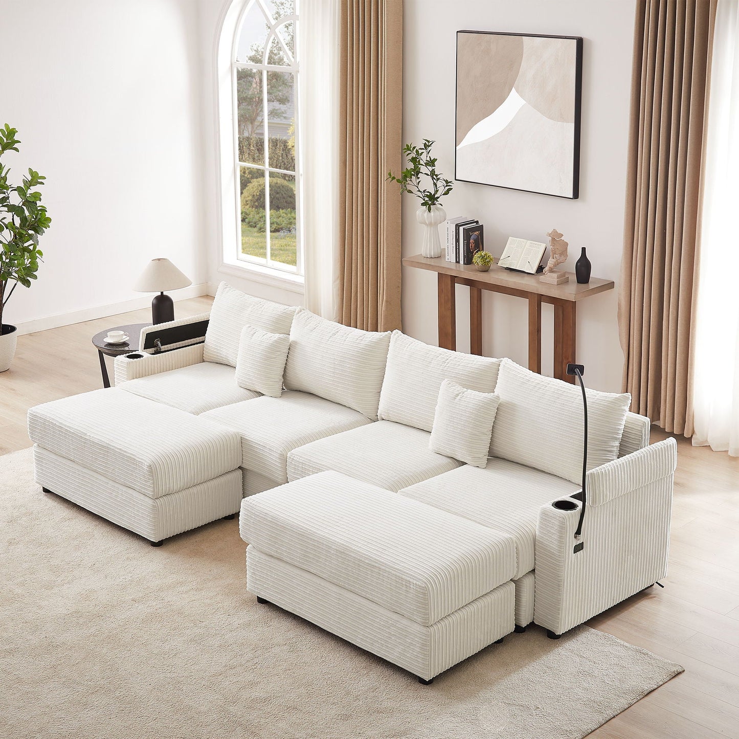 Modern Style Loveseat Sofa Sectional Sofa Couch With Storage Space, A Movable Ottoman, Two USB Ports, Two Cup Holders, A Phone Holder For Living Room Hearth and Haven