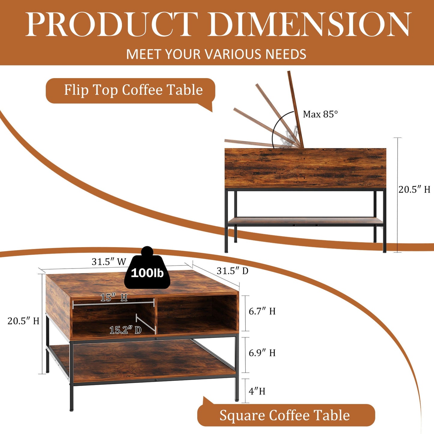 Rustic Flip Top Coffee Table With Hidden Storage - Black / Brown Home Essentials