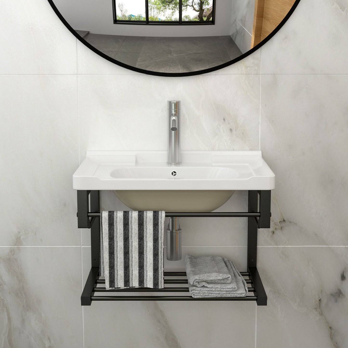 Wall Mounted Rectangular Bathroom Sink With Towel Bar & Overflow - White Home Essentials
