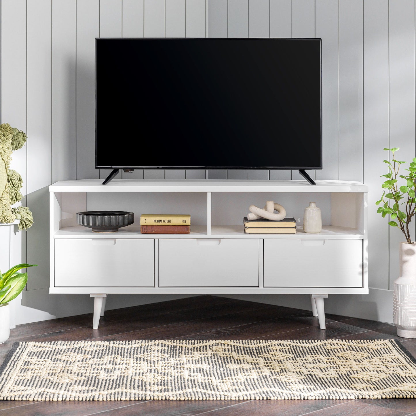 Mid-Century Modern Minimalist 3 Drawer Corner TV Stand For TVs Up To 58 Walker Edison